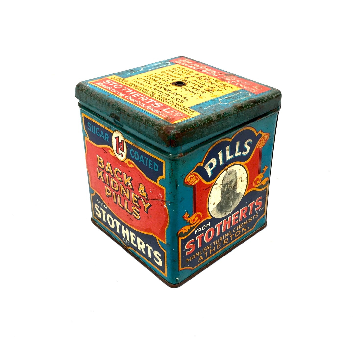 Antique Advertising Stotherts Pills Shop Counter String Dispenser Tin Box c.1930