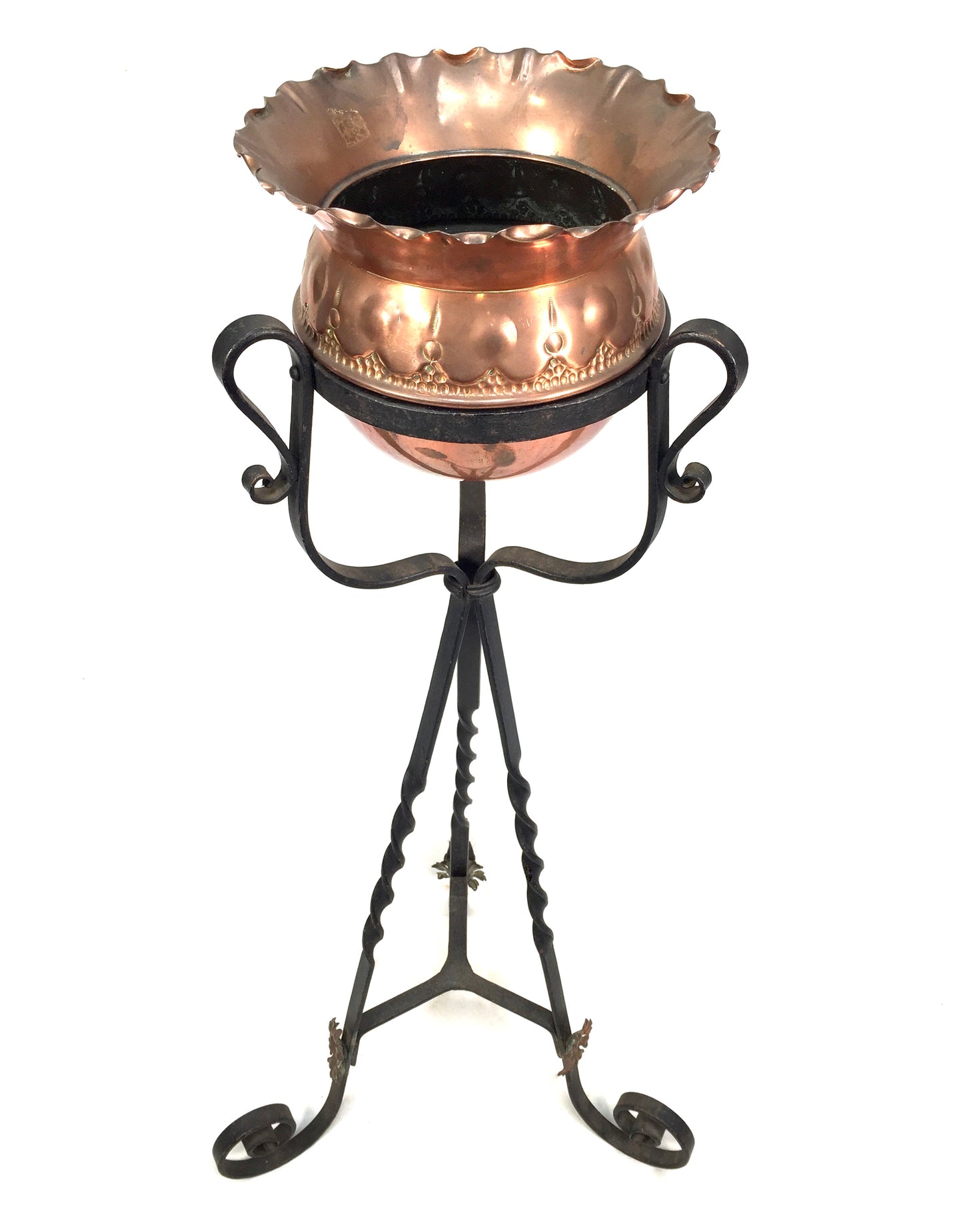 Antique Art Nouveau Copper Plant Pot / Jardiniere on Wrought Iron Stand c.1900