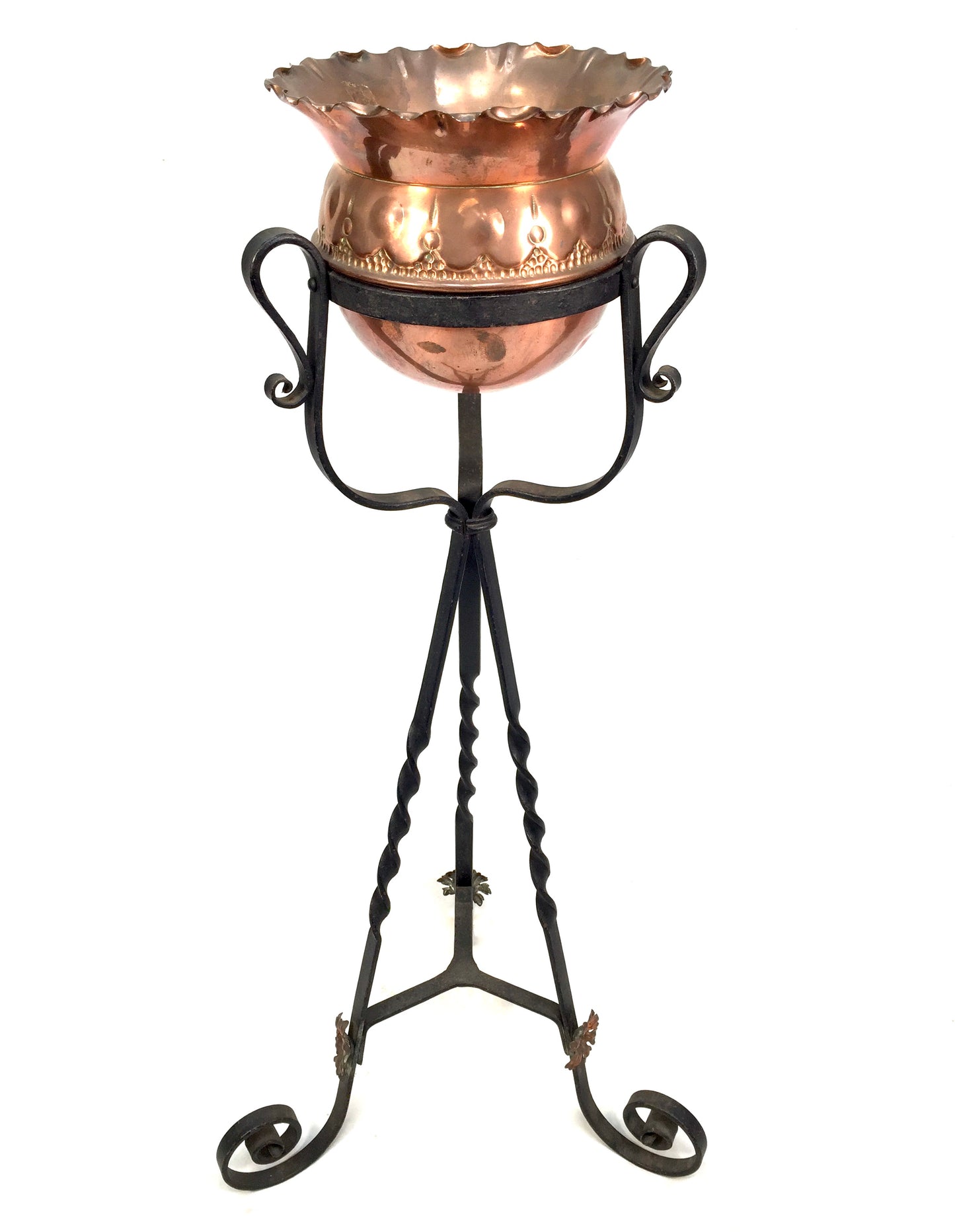 Antique Art Nouveau Copper Plant Pot / Jardiniere on Wrought Iron Stand c.1900