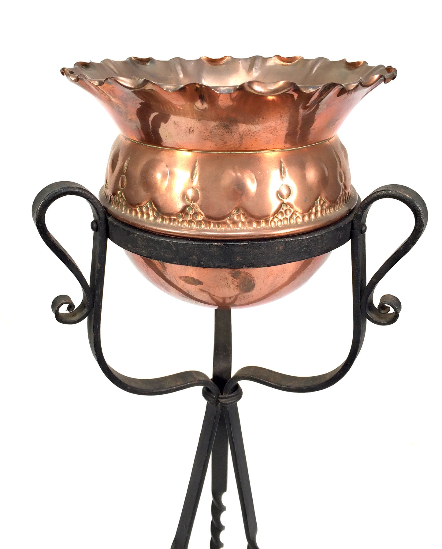 Antique Art Nouveau Copper Plant Pot / Jardiniere on Wrought Iron Stand c.1900