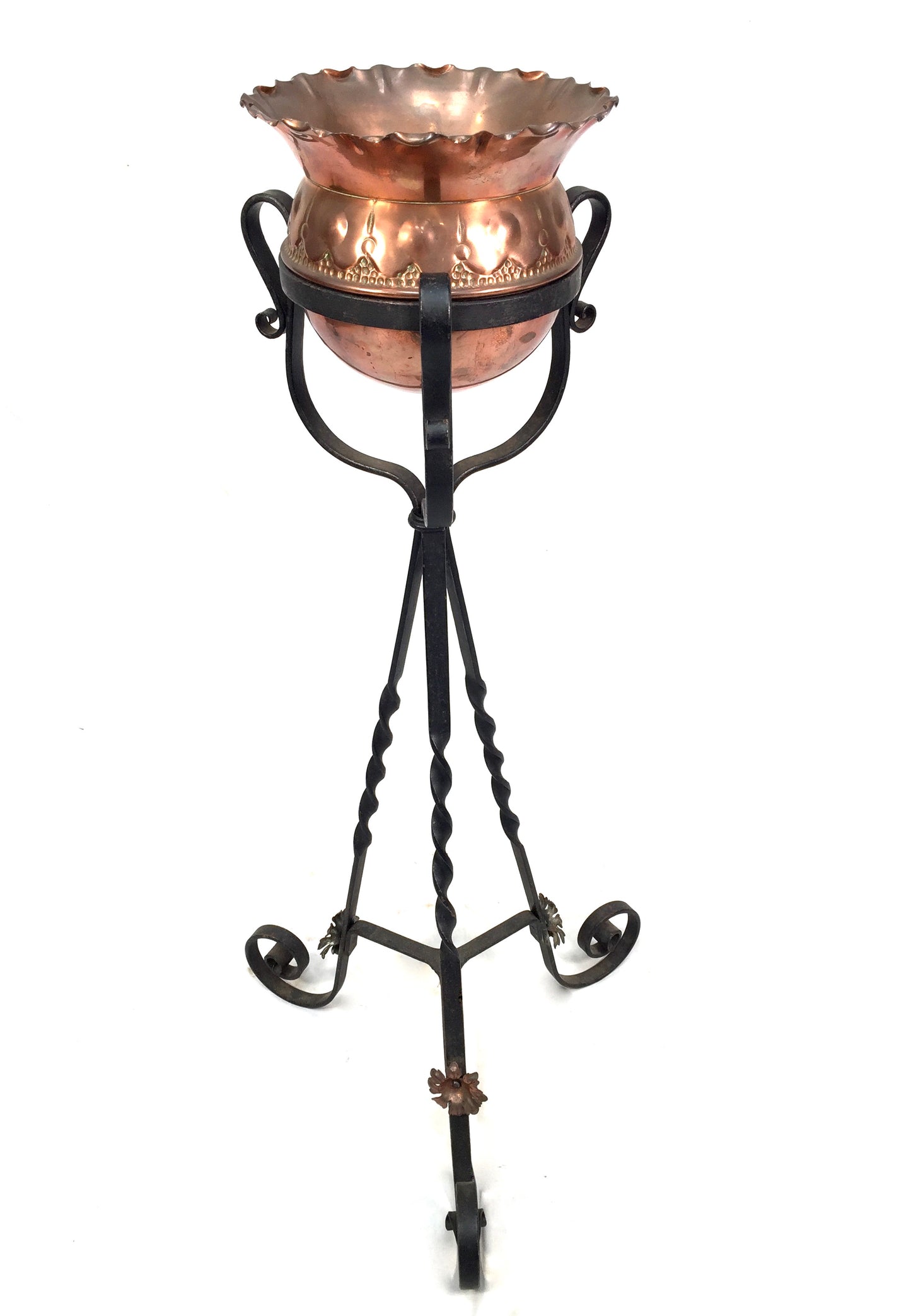 Antique Art Nouveau Copper Plant Pot / Jardiniere on Wrought Iron Stand c.1900