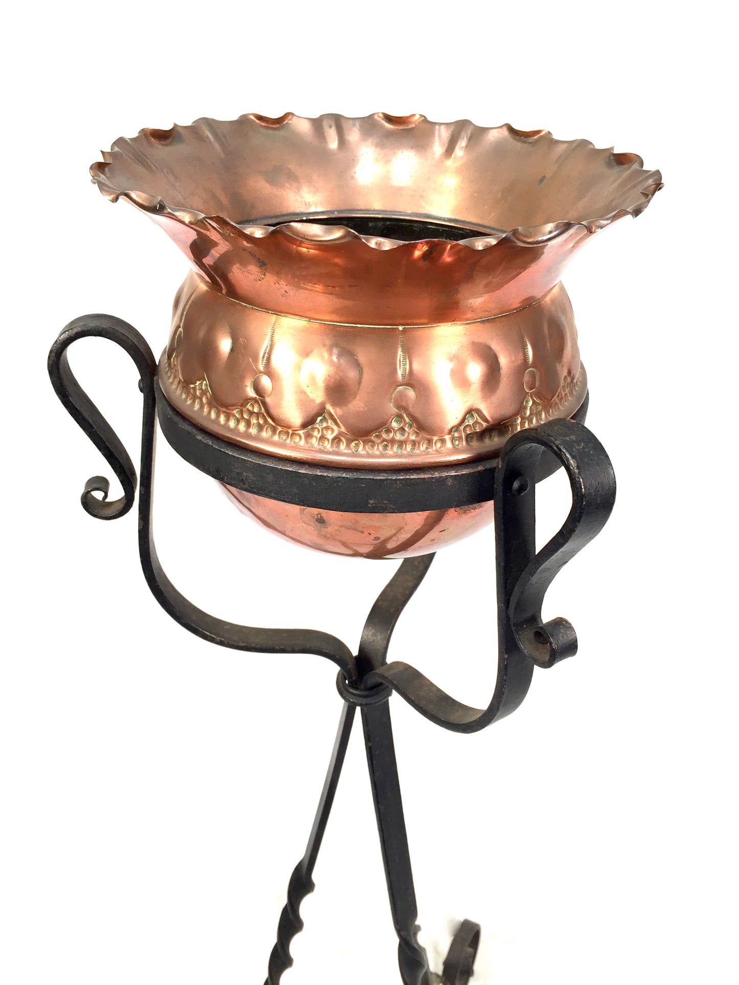 Antique Art Nouveau Copper Plant Pot / Jardiniere on Wrought Iron Stand c.1900
