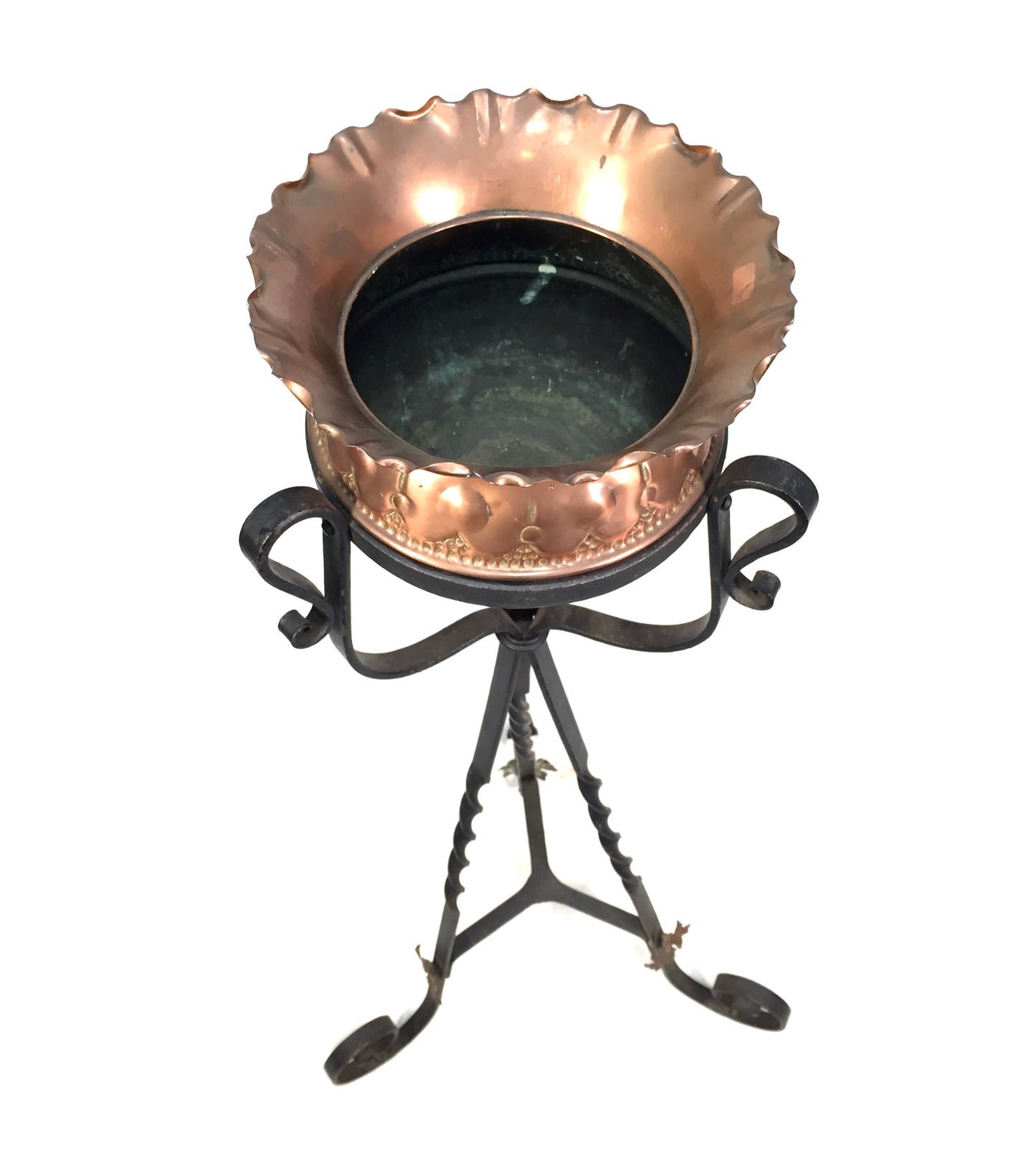 Antique Art Nouveau Copper Plant Pot / Jardiniere on Wrought Iron Stand c.1900