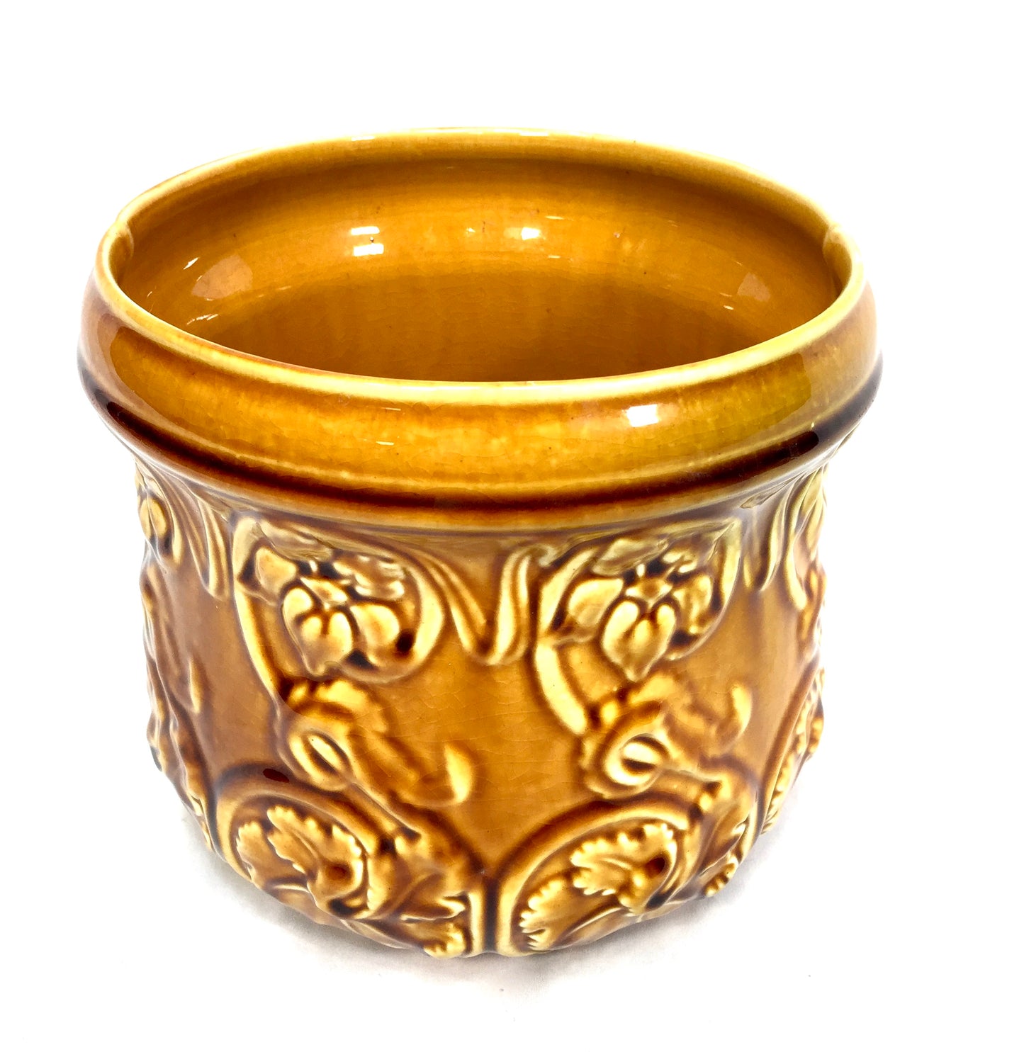 Antique Mustard Yellow Pottery Majolica Jardiniere Planter Indoor Plant Pot 1930