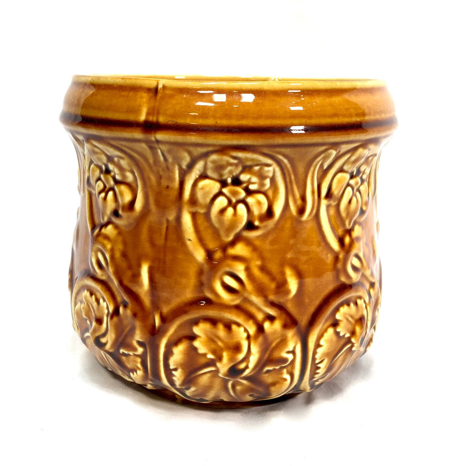 Antique Mustard Yellow Pottery Majolica Jardiniere Planter Indoor Plant Pot 1930