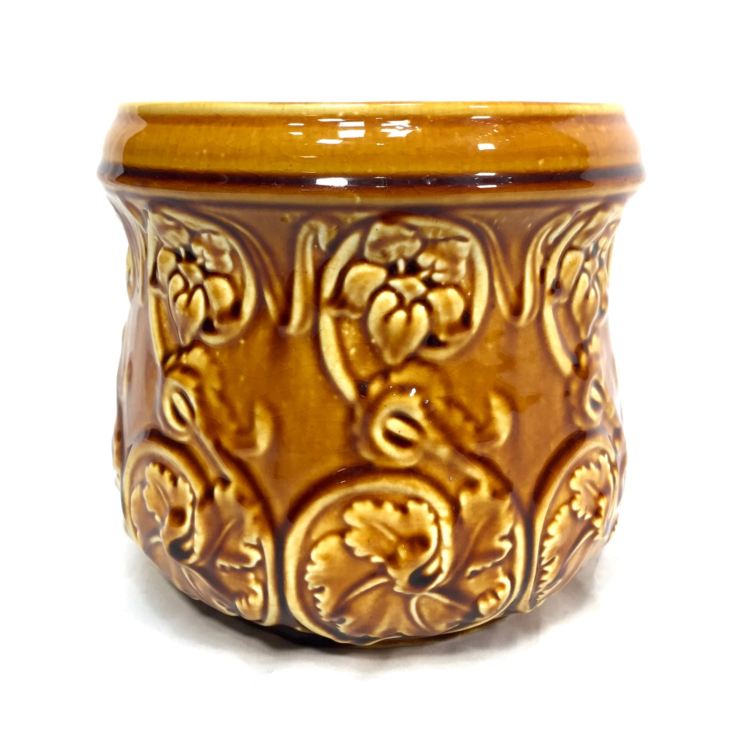 Antique Mustard Yellow Pottery Majolica Jardiniere Planter Indoor Plant Pot 1930