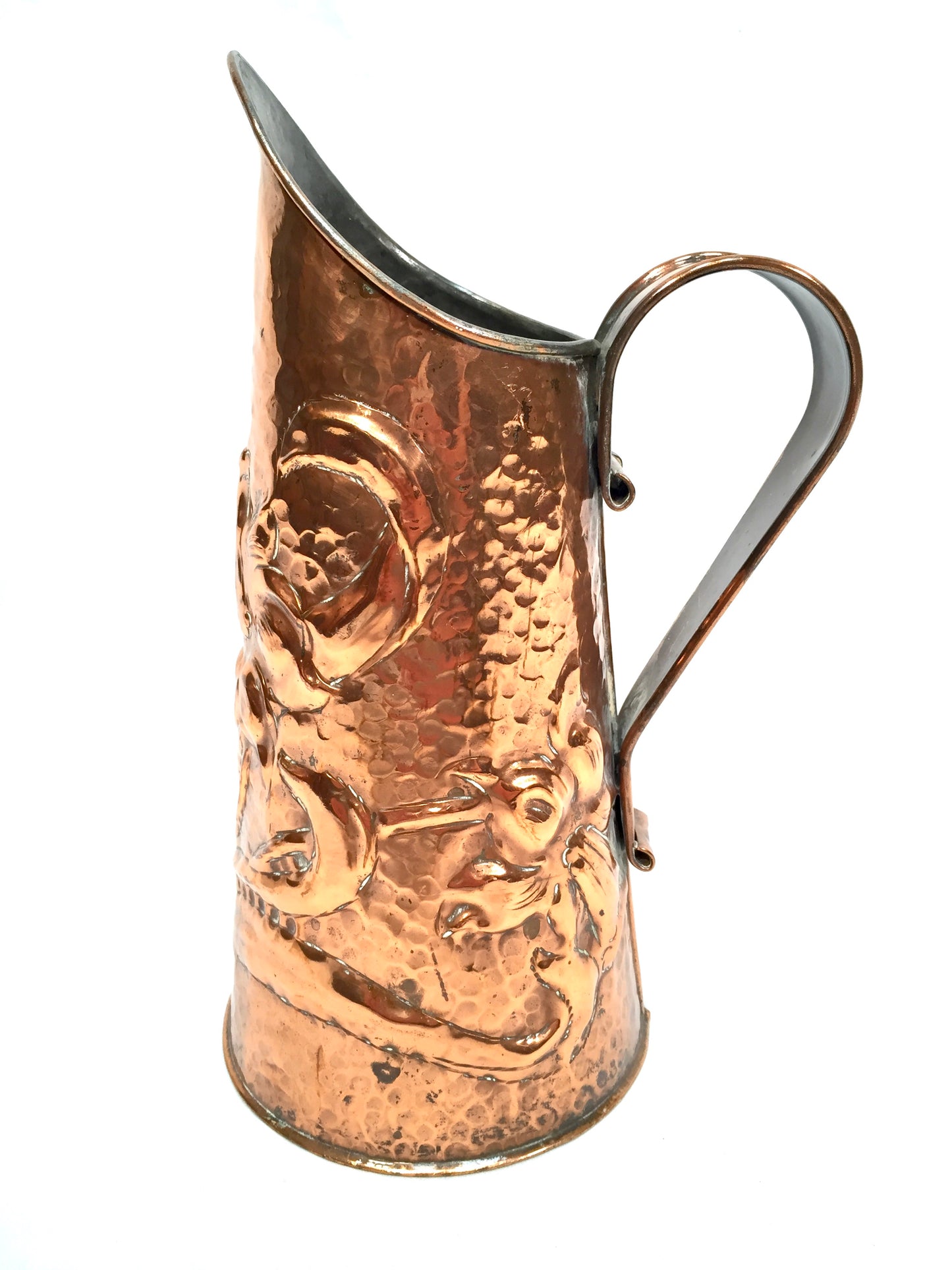 Antique Art Nouveau 20th Century Hammered Copper Pitcher / Handled Water Jug