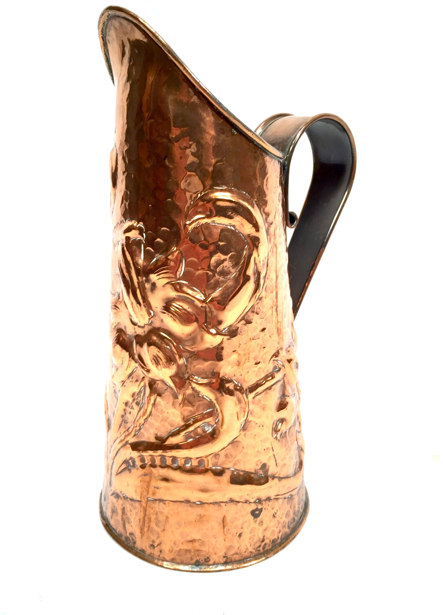 Antique Art Nouveau 20th Century Hammered Copper Pitcher / Handled Water Jug