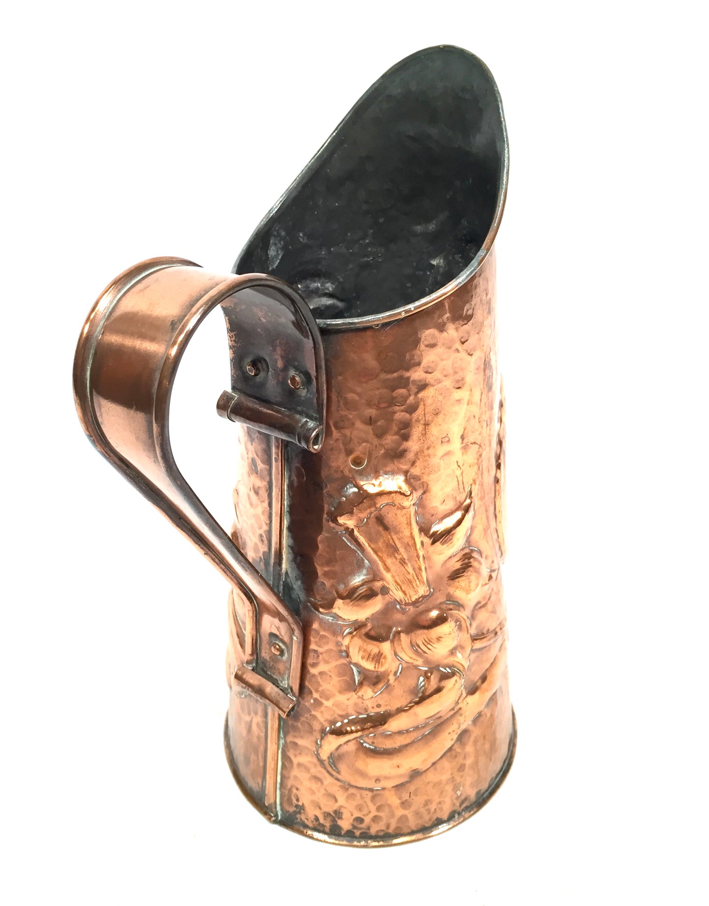 Antique Art Nouveau 20th Century Hammered Copper Pitcher / Handled Water Jug