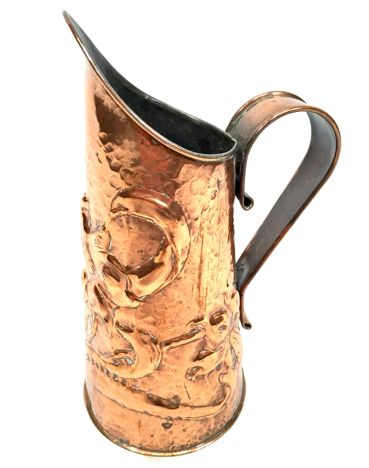 Antique Art Nouveau 20th Century Hammered Copper Pitcher / Handled Water Jug