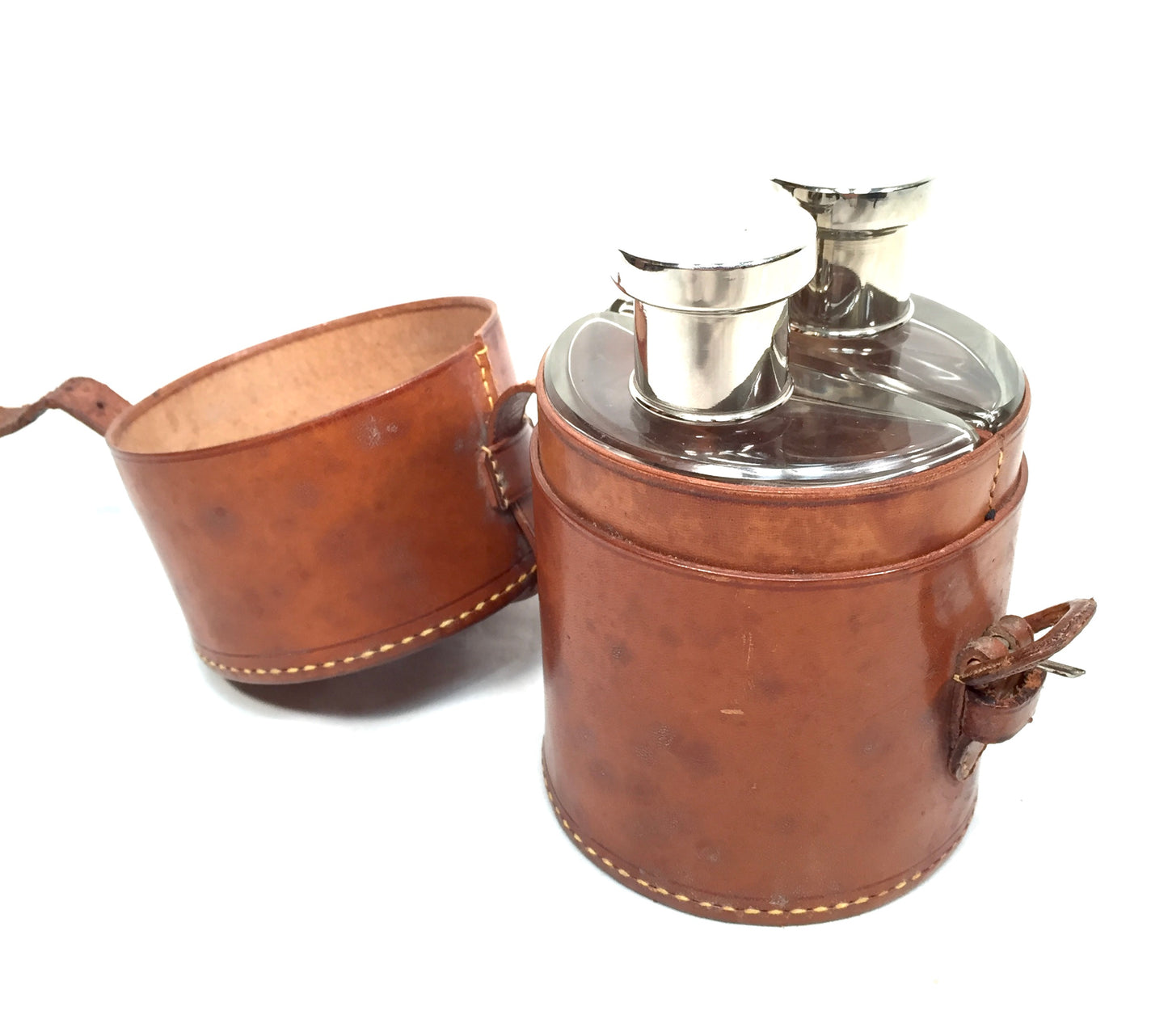Antique Glass Bottle Hip Flask Pair in Original Leather Travel Case c.1930