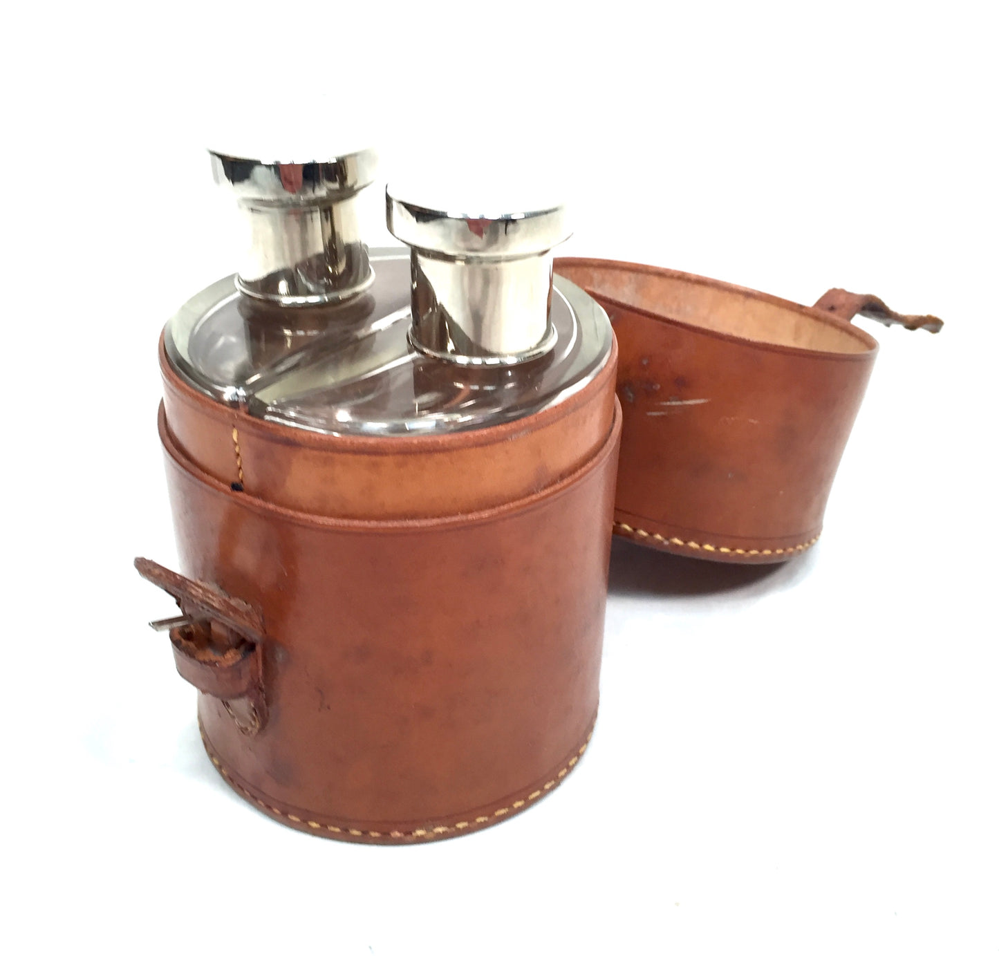 Antique Glass Bottle Hip Flask Pair in Original Leather Travel Case c.1930