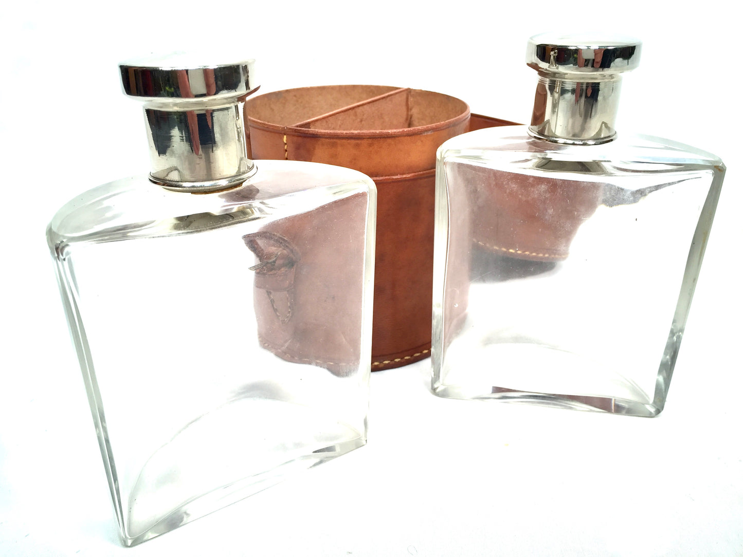 Antique Glass Bottle Hip Flask Pair in Original Leather Travel Case c.1930