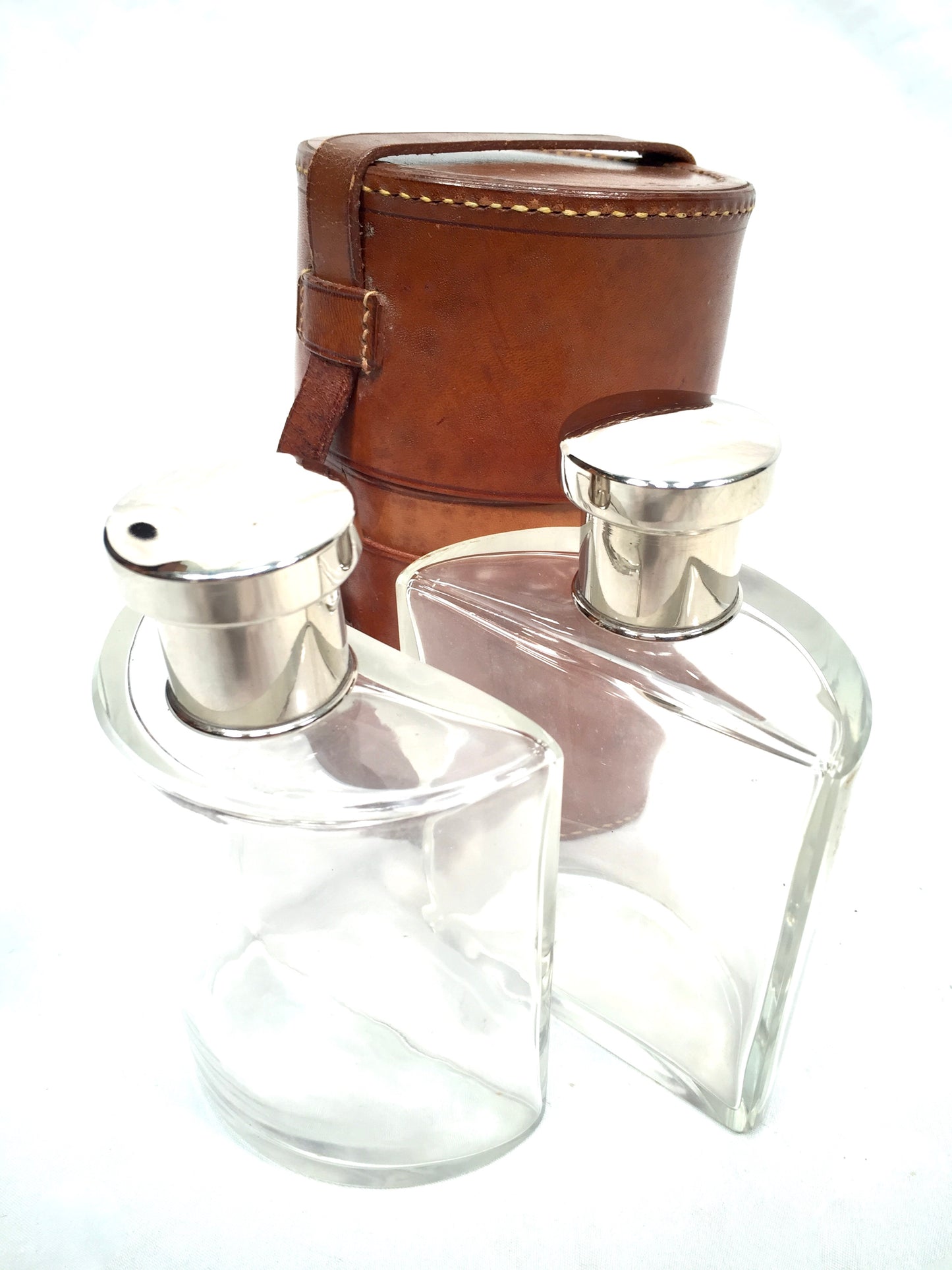 Antique Glass Bottle Hip Flask Pair in Original Leather Travel Case c.1930