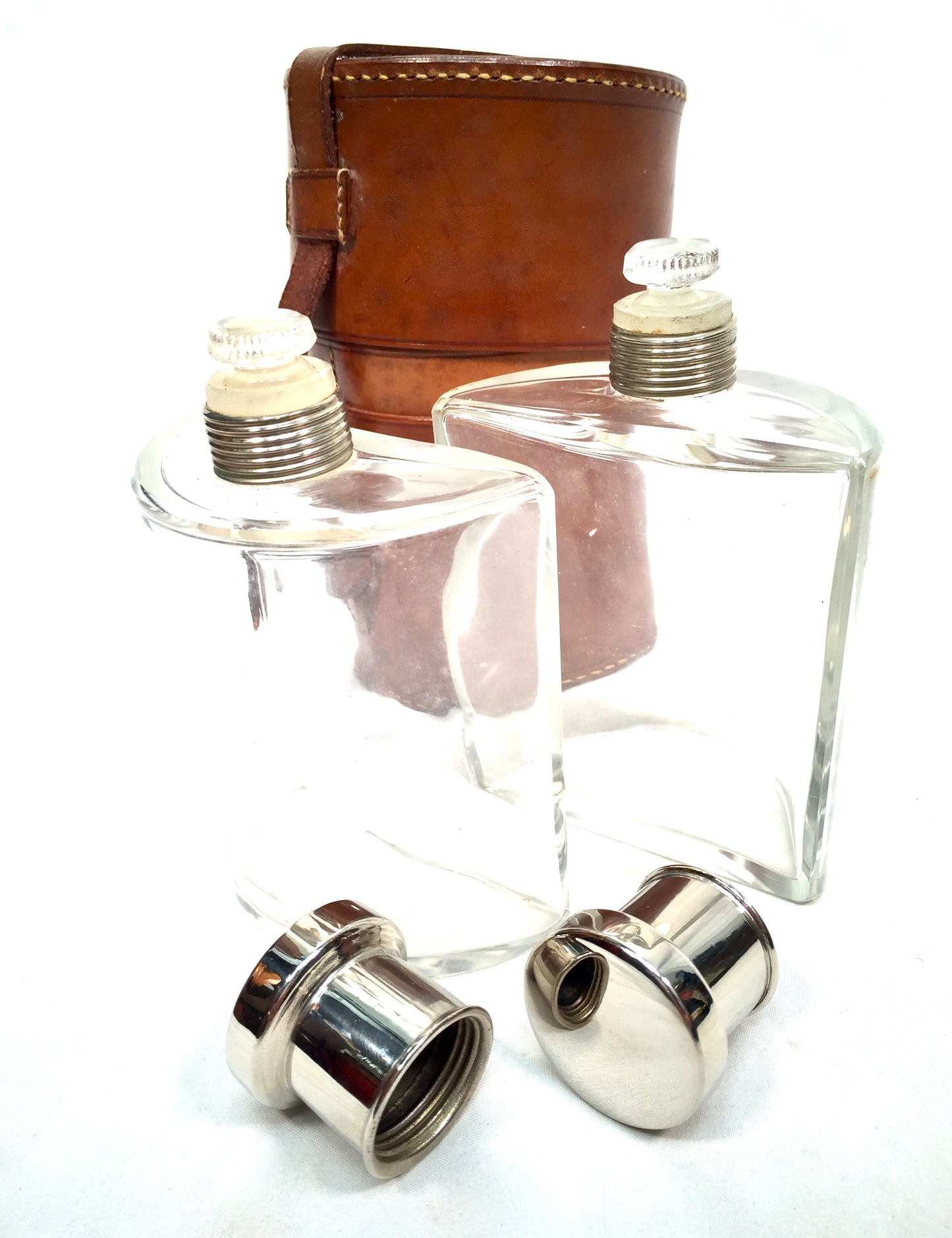 Antique Glass Bottle Hip Flask Pair in Original Leather Travel Case c.1930
