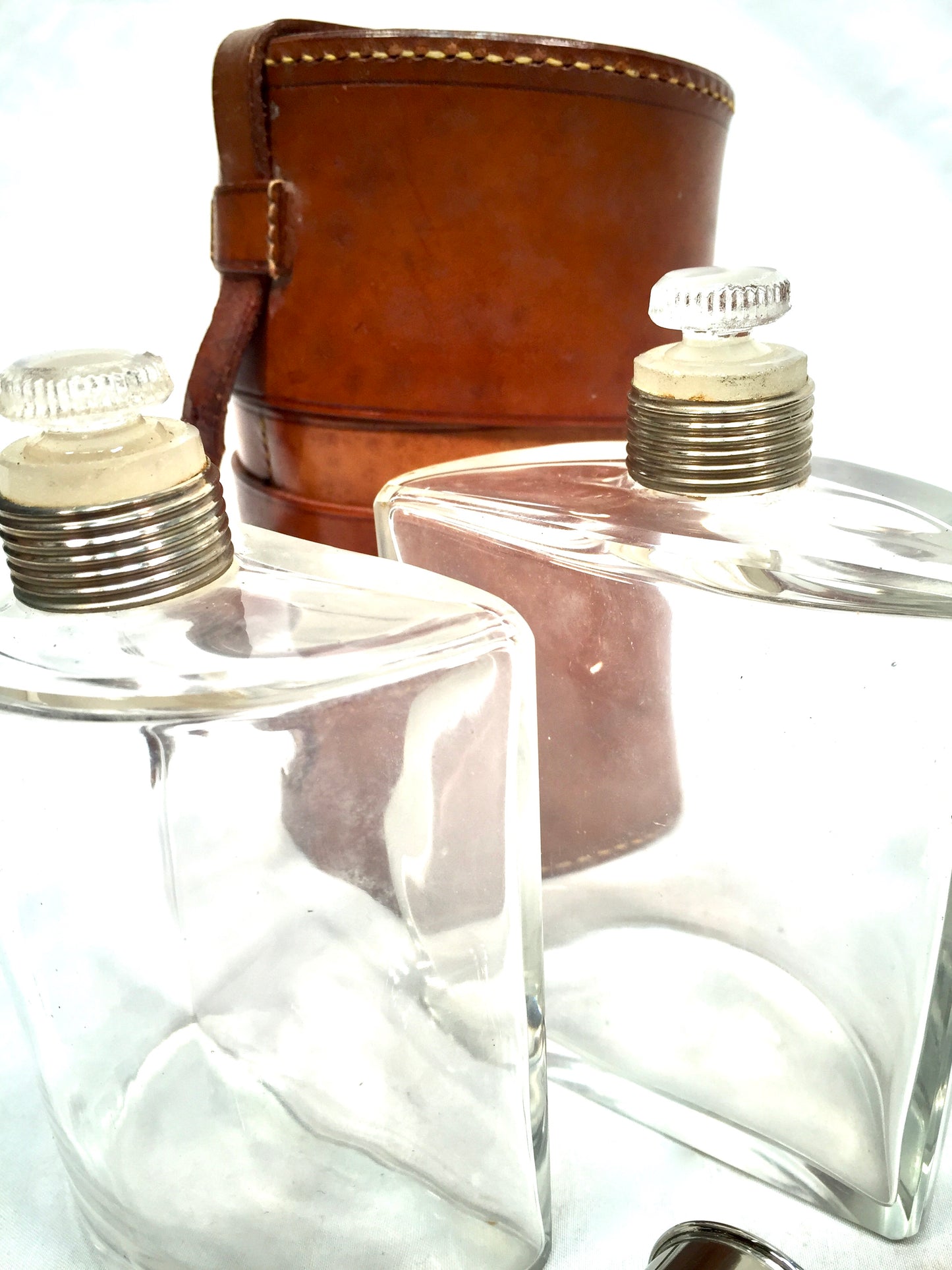 Antique Glass Bottle Hip Flask Pair in Original Leather Travel Case c.1930