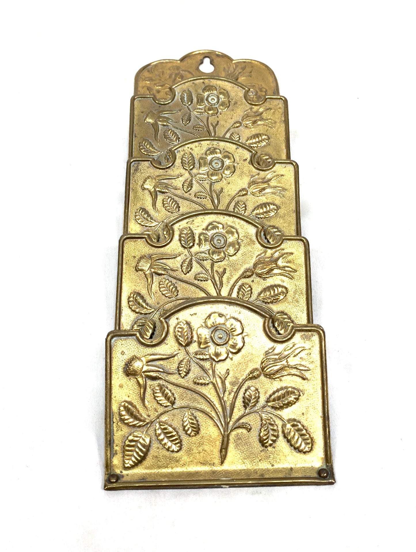 Antique Art Nouveau Wall Hanging Brass Paper Letter Holder Rack / Floral Design