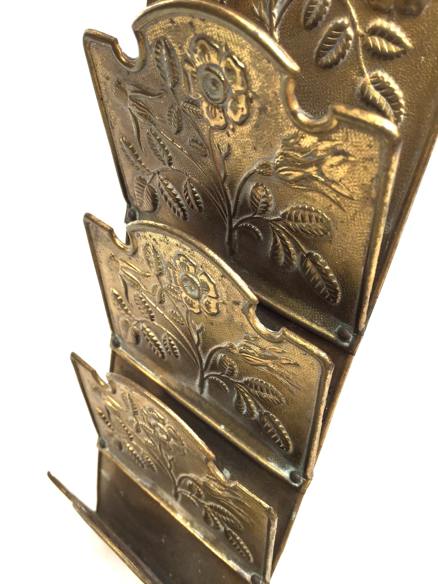 Antique Art Nouveau Wall Hanging Brass Paper Letter Holder Rack / Floral Design