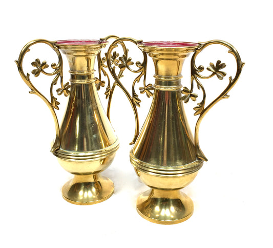 Antique Pair of Brass Ornate Ecclesiastical Vases / Urns Church Used c.1890
