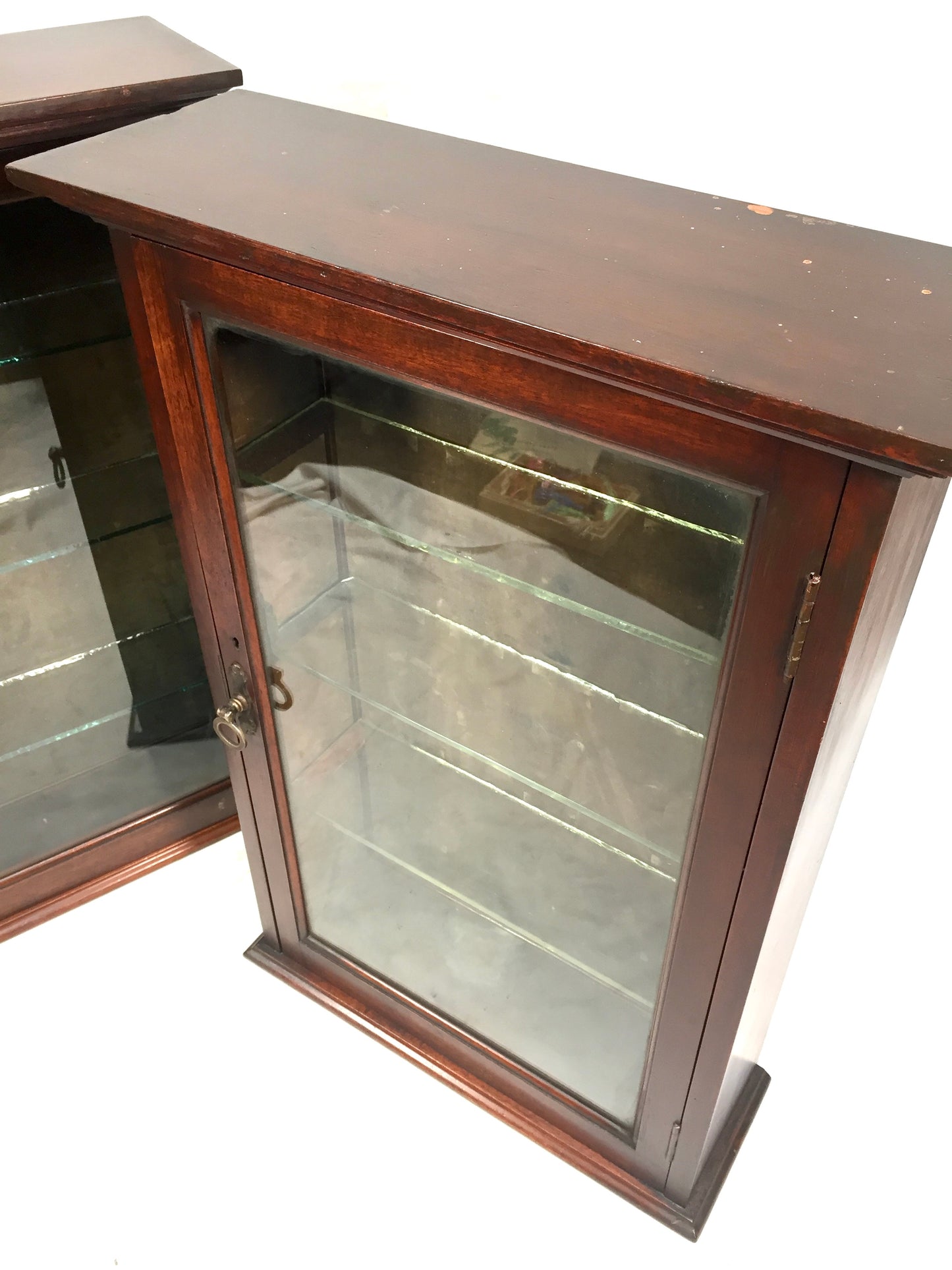Antique Pair of Victorian Wooden & Glass Fronted Shop Display Cabinet / Cupboard