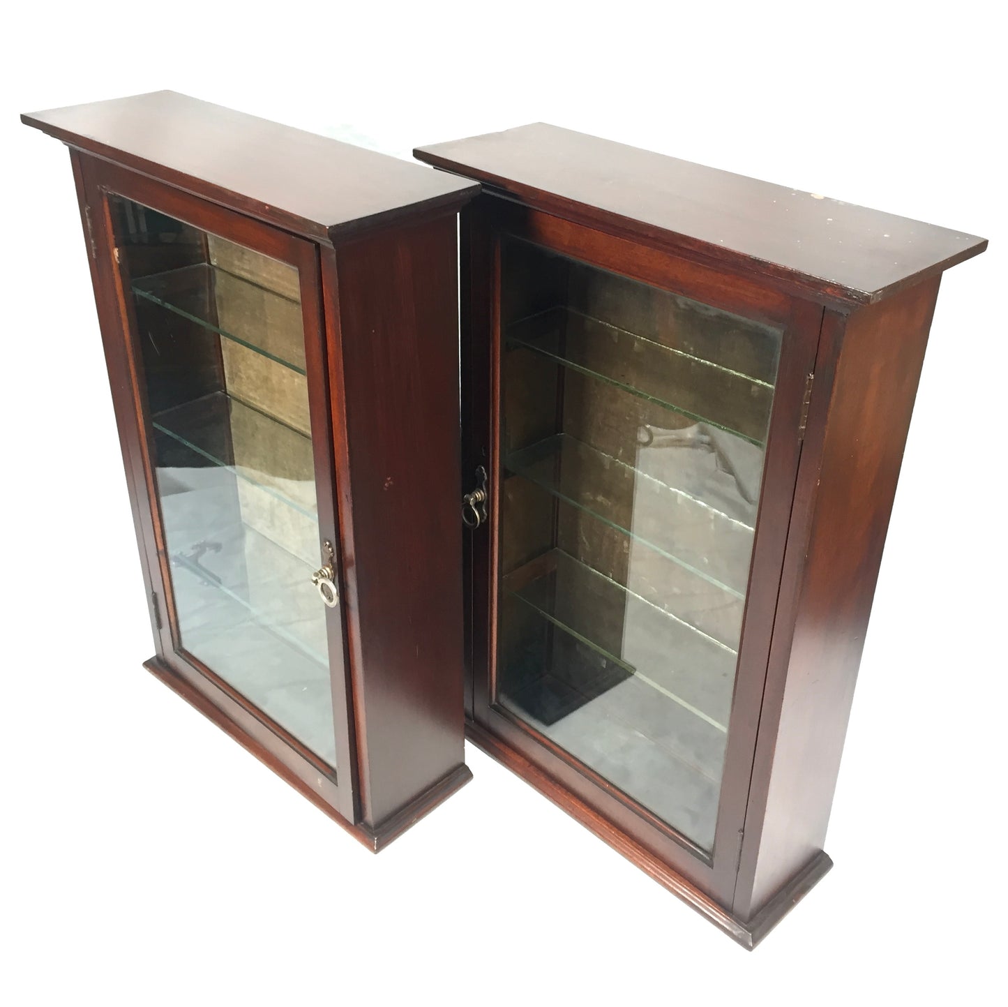 Antique Pair of Victorian Wooden & Glass Fronted Shop Display Cabinet / Cupboard