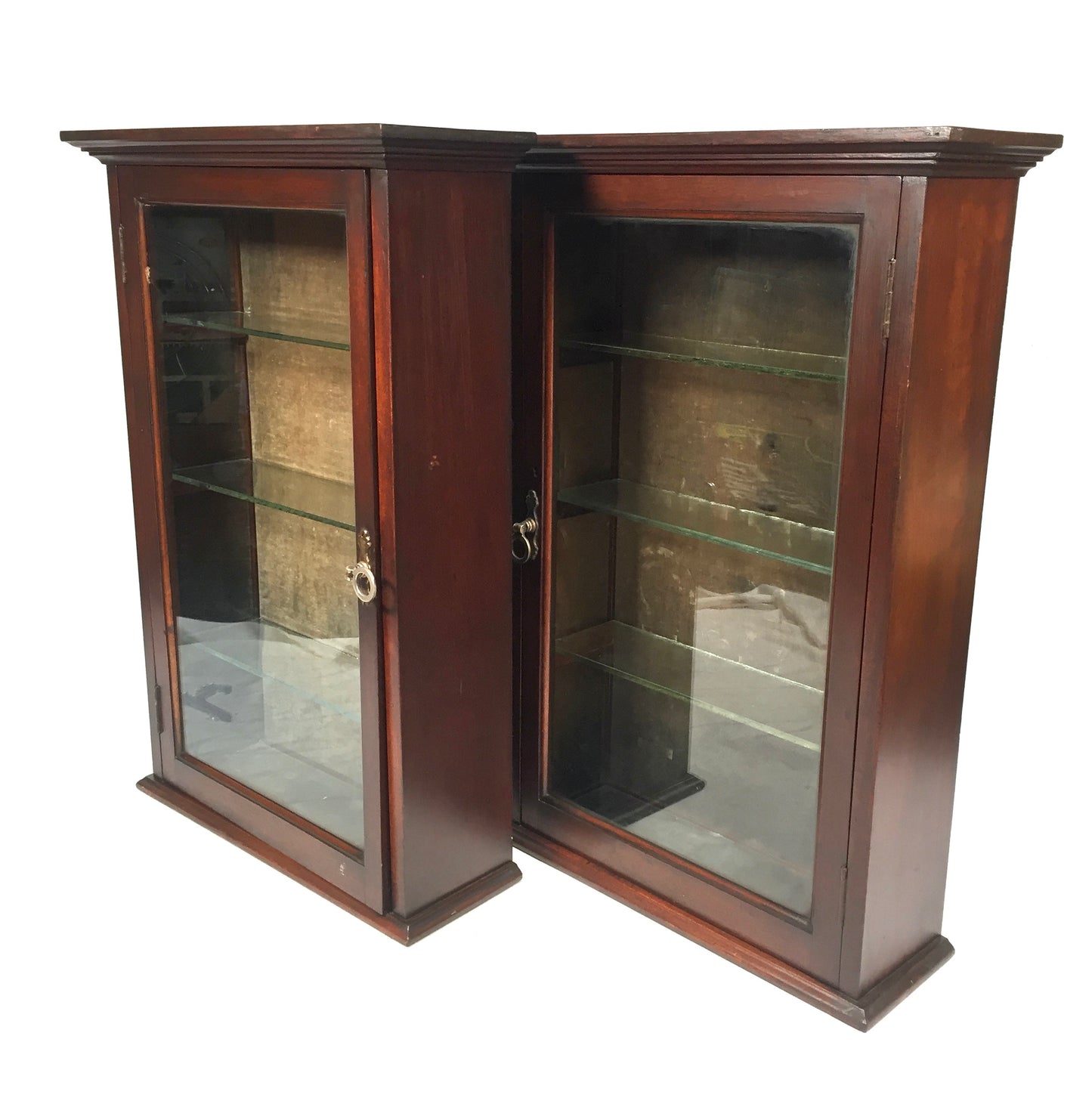 Antique Pair of Victorian Wooden & Glass Fronted Shop Display Cabinet / Cupboard