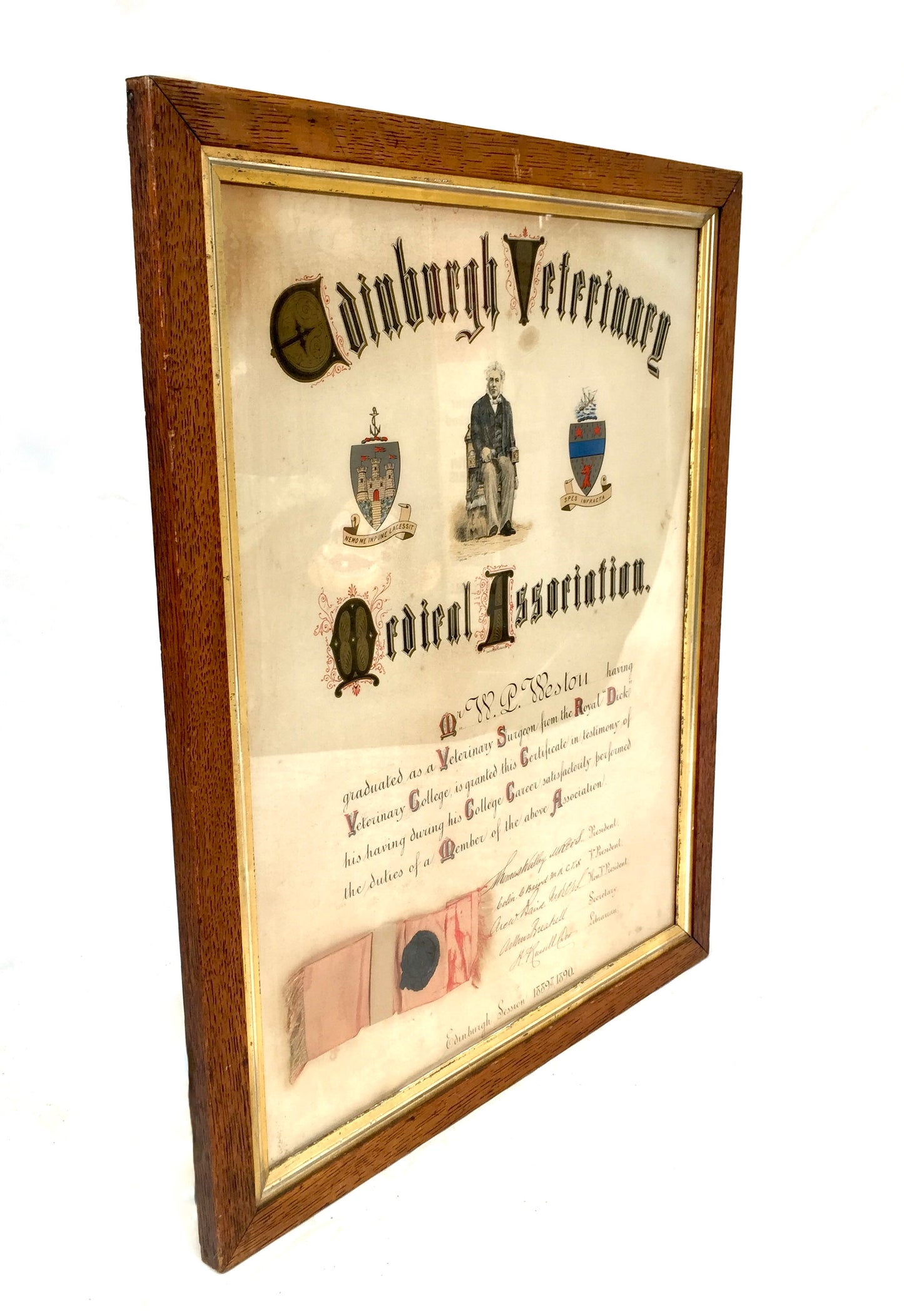 Antique Oak Framed Edinburgh Veterinary Medical Association Certificate c.1890
