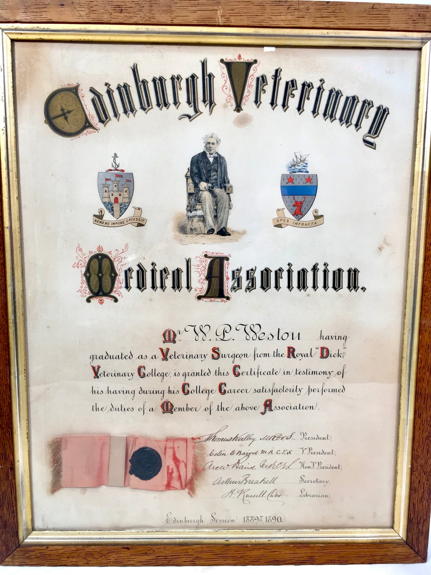 Antique Oak Framed Edinburgh Veterinary Medical Association Certificate c.1890