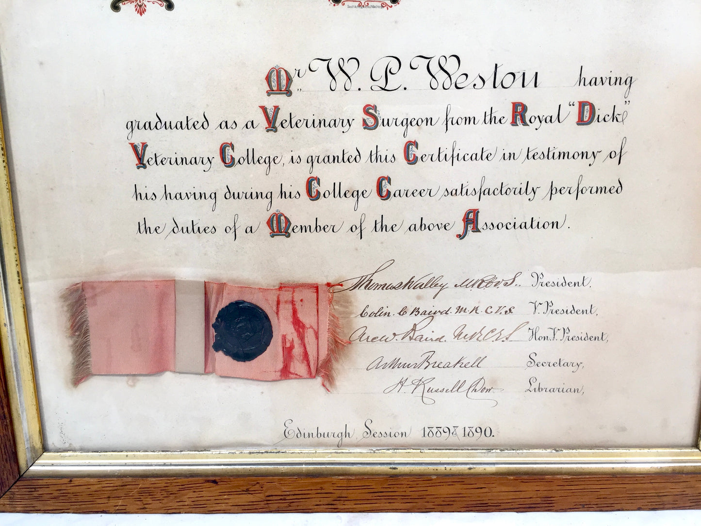 Antique Oak Framed Edinburgh Veterinary Medical Association Certificate c.1890