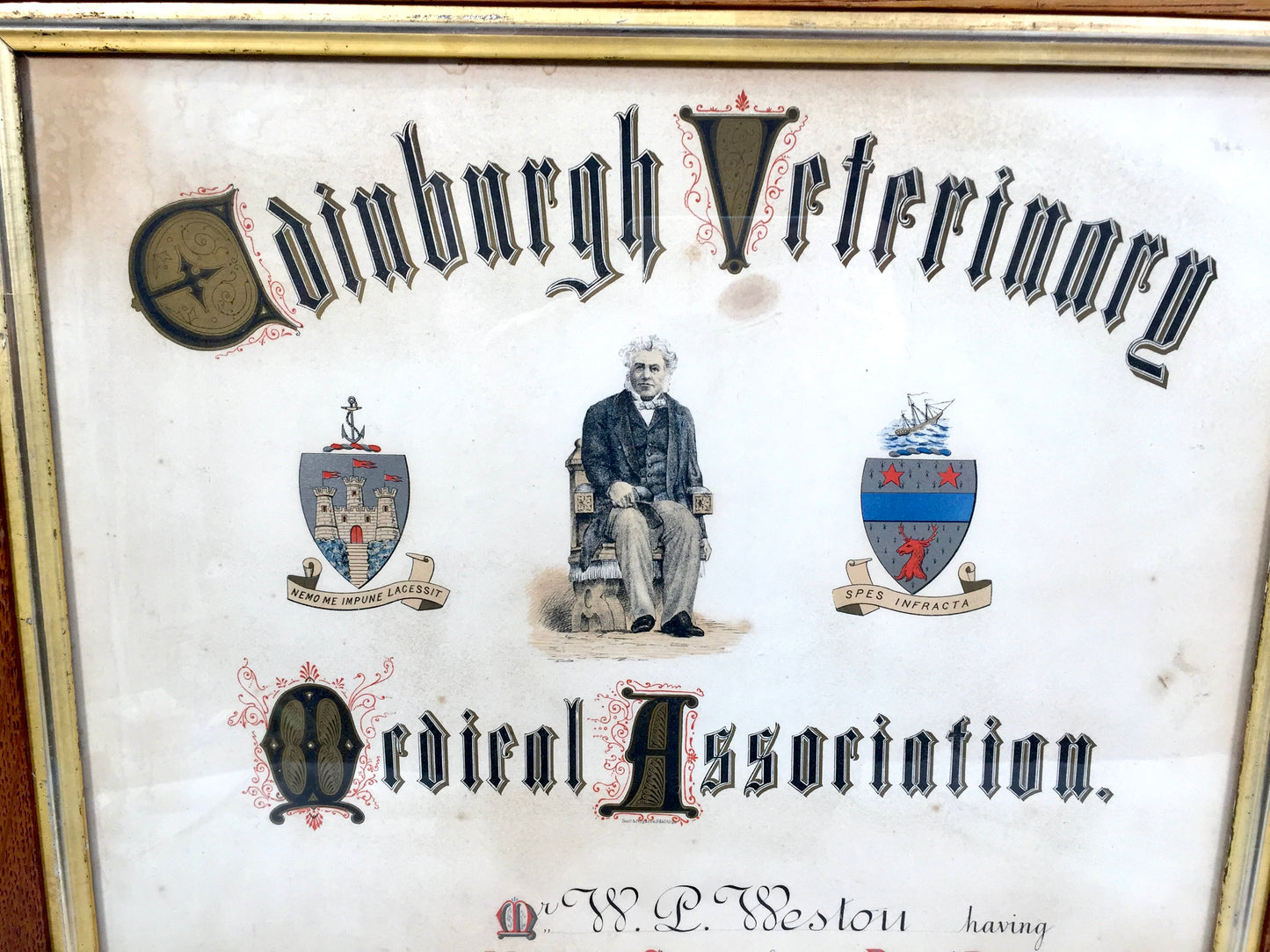 Antique Oak Framed Edinburgh Veterinary Medical Association Certificate c.1890