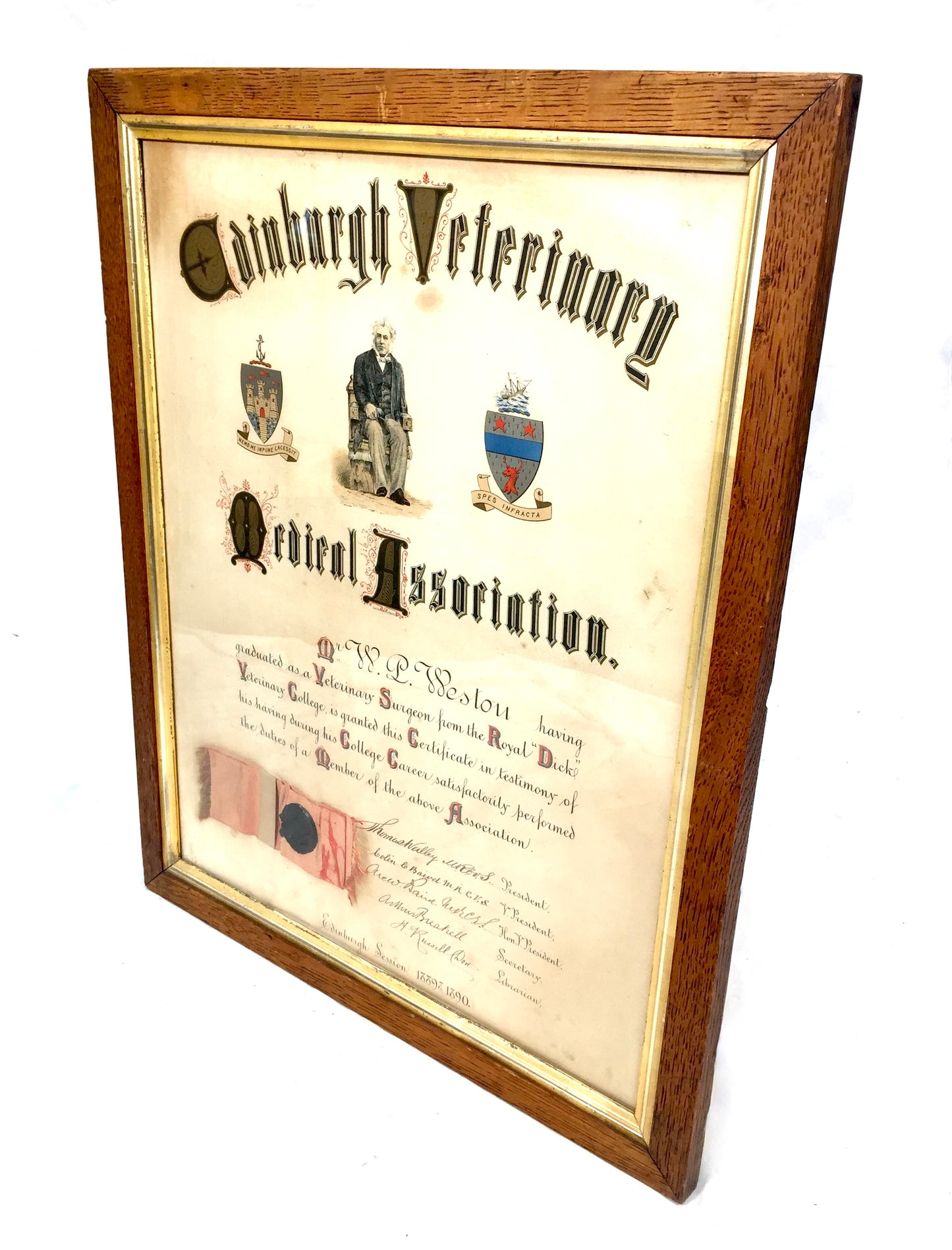 Antique Oak Framed Edinburgh Veterinary Medical Association Certificate c.1890