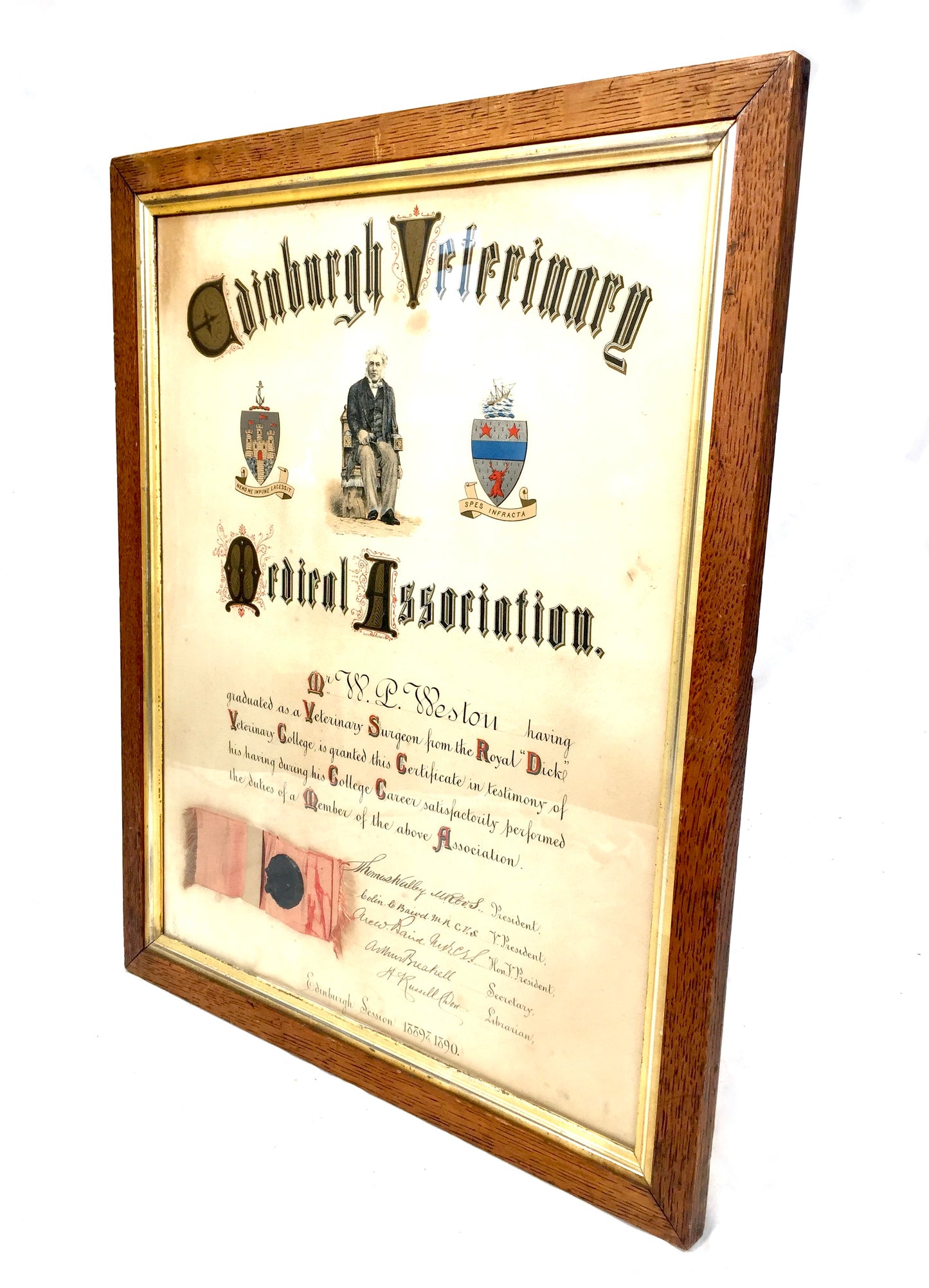 Antique Oak Framed Edinburgh Veterinary Medical Association Certificate c.1890