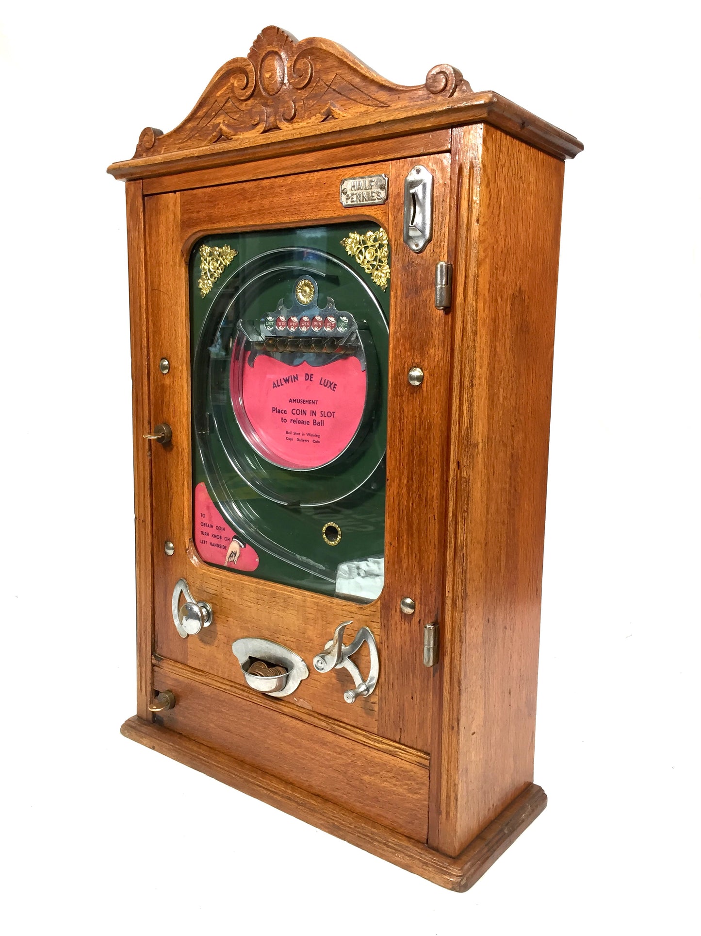 Antique Allwin De Luxe Arcade Coin Operated Penny Machine - Working / Keys
