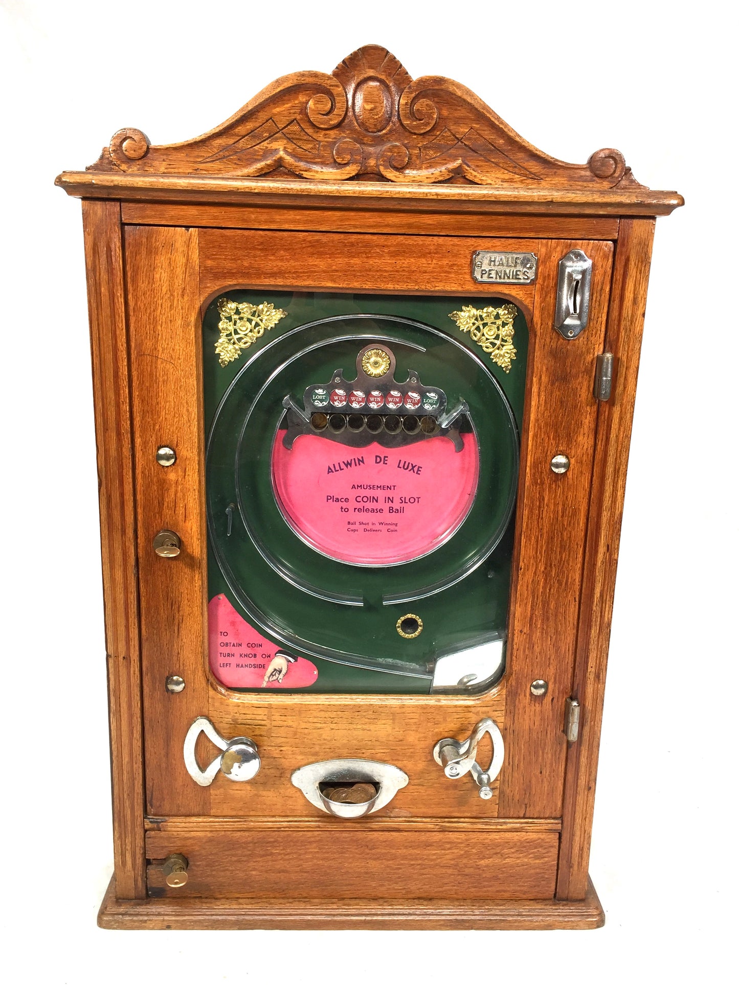Antique Allwin De Luxe Arcade Coin Operated Penny Machine - Working / Keys