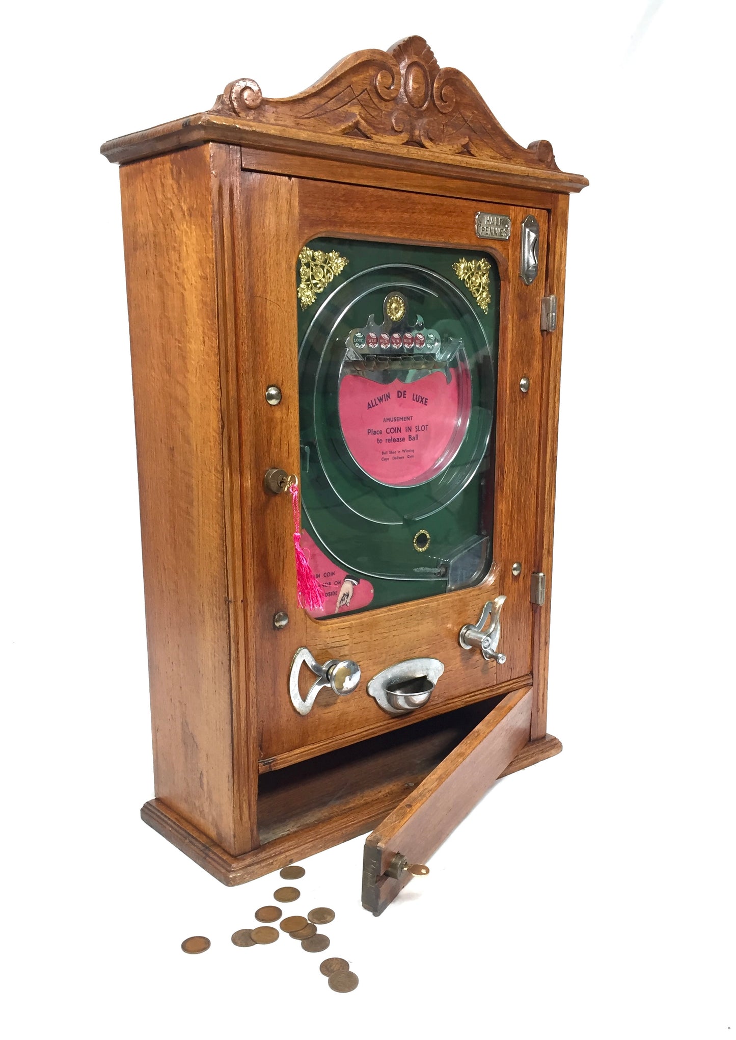 Antique Allwin De Luxe Arcade Coin Operated Penny Machine - Working / Keys