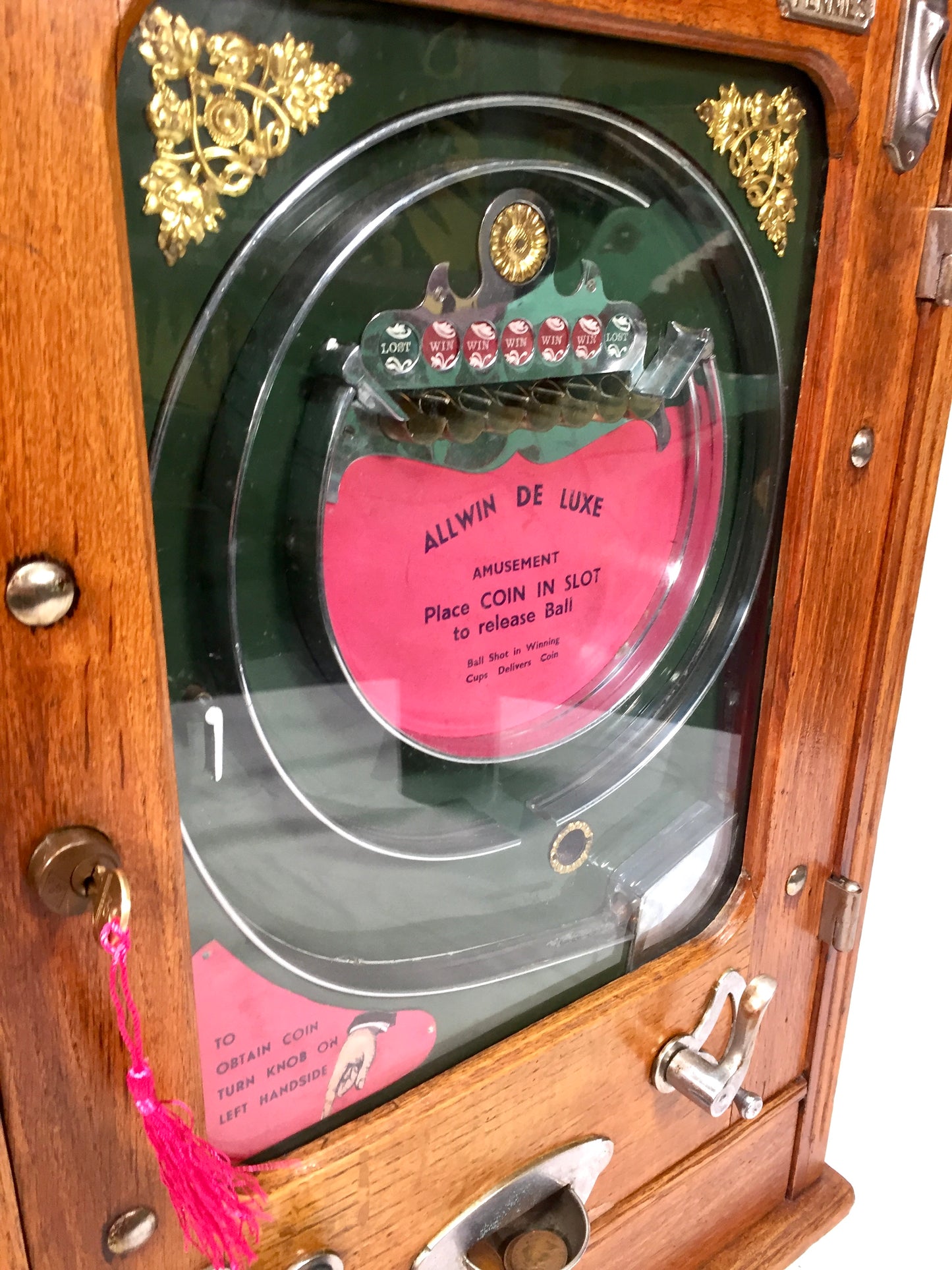 Antique Allwin De Luxe Arcade Coin Operated Penny Machine - Working / Keys
