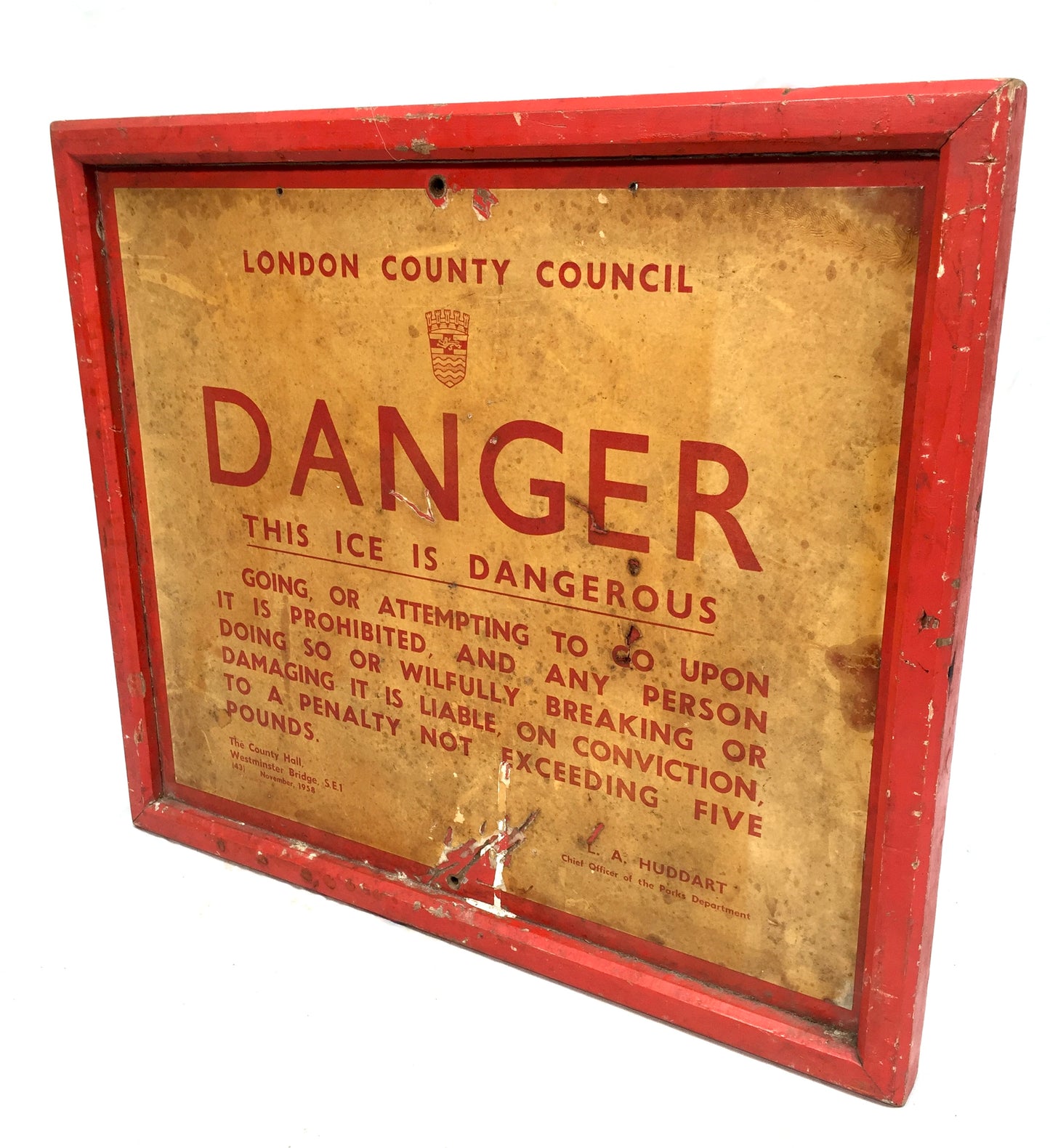 Antique Advertising - Original London 1950s Westminster Bridge Warning Ice Sign
