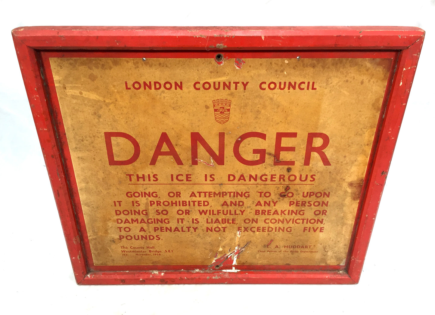 Antique Advertising - Original London 1950s Westminster Bridge Warning Ice Sign
