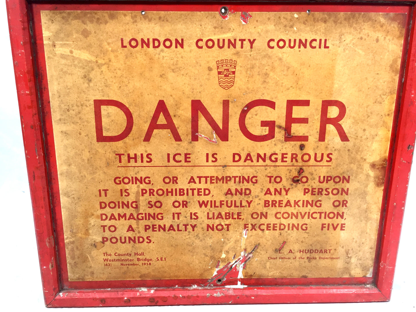Antique Advertising - Original London 1950s Westminster Bridge Warning Ice Sign