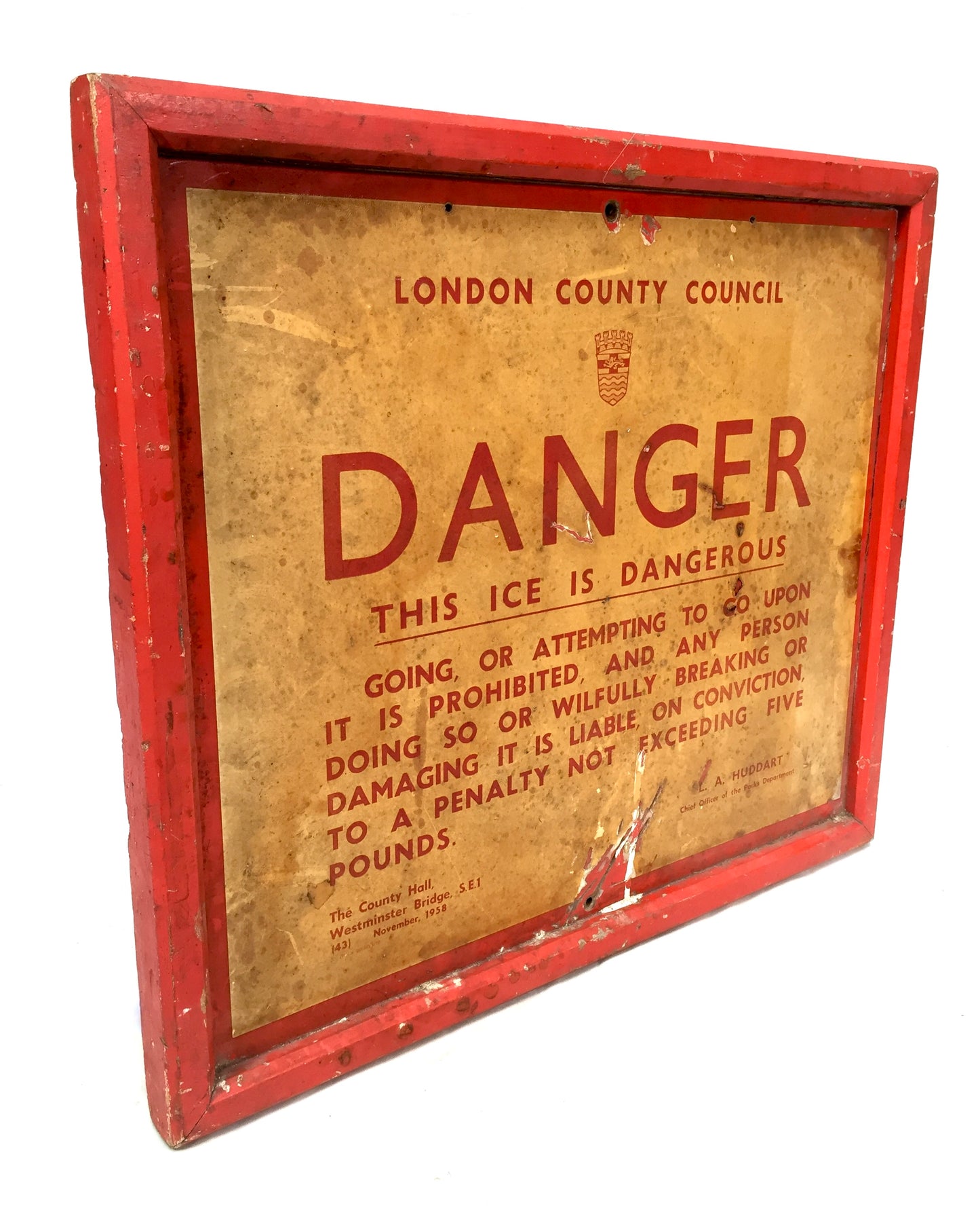 Antique Advertising - Original London 1950s Westminster Bridge Warning Ice Sign