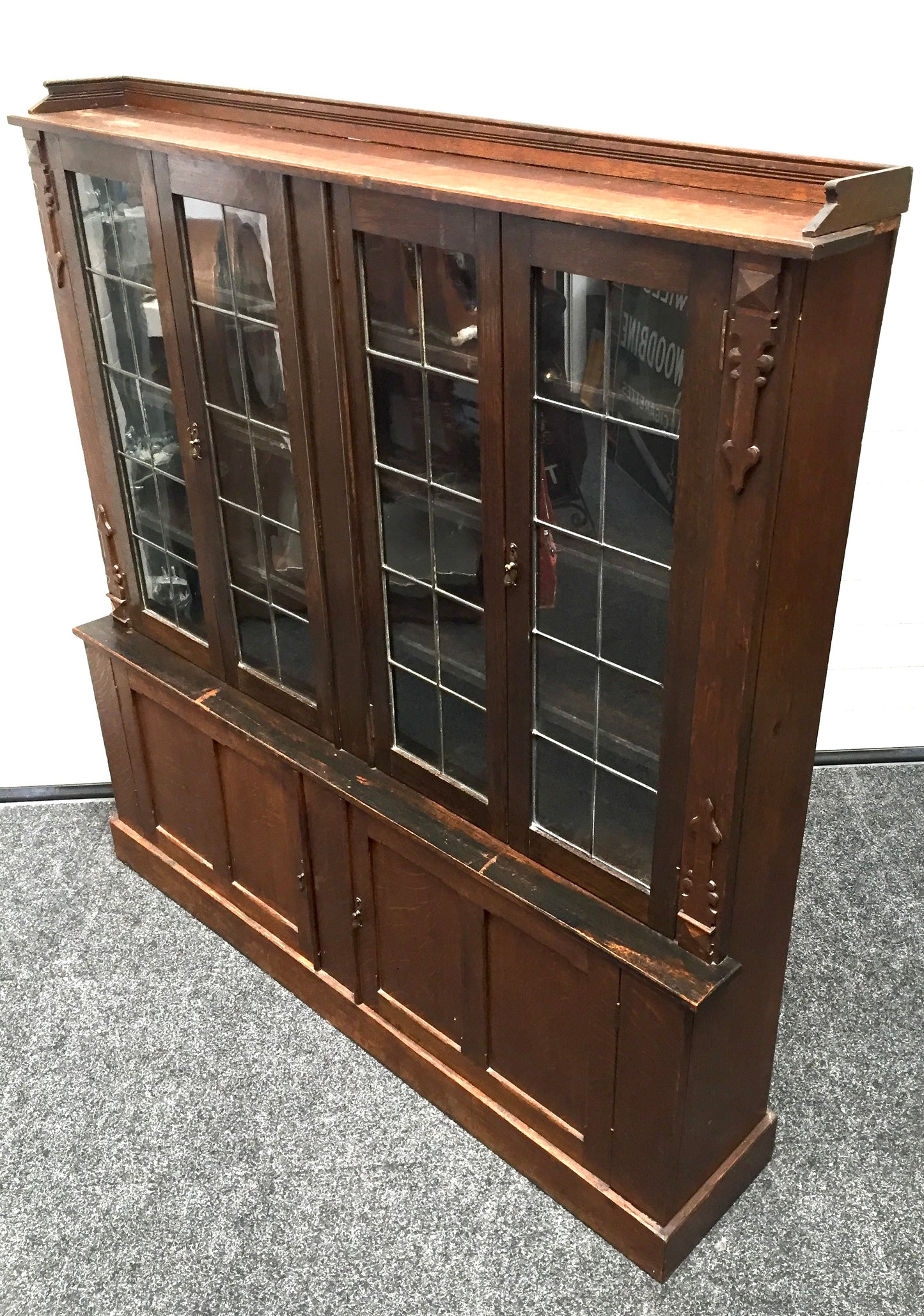 Antique 1900s Wooden Display Oak Large Bookcase Cabinet with Glazed Lead Doors