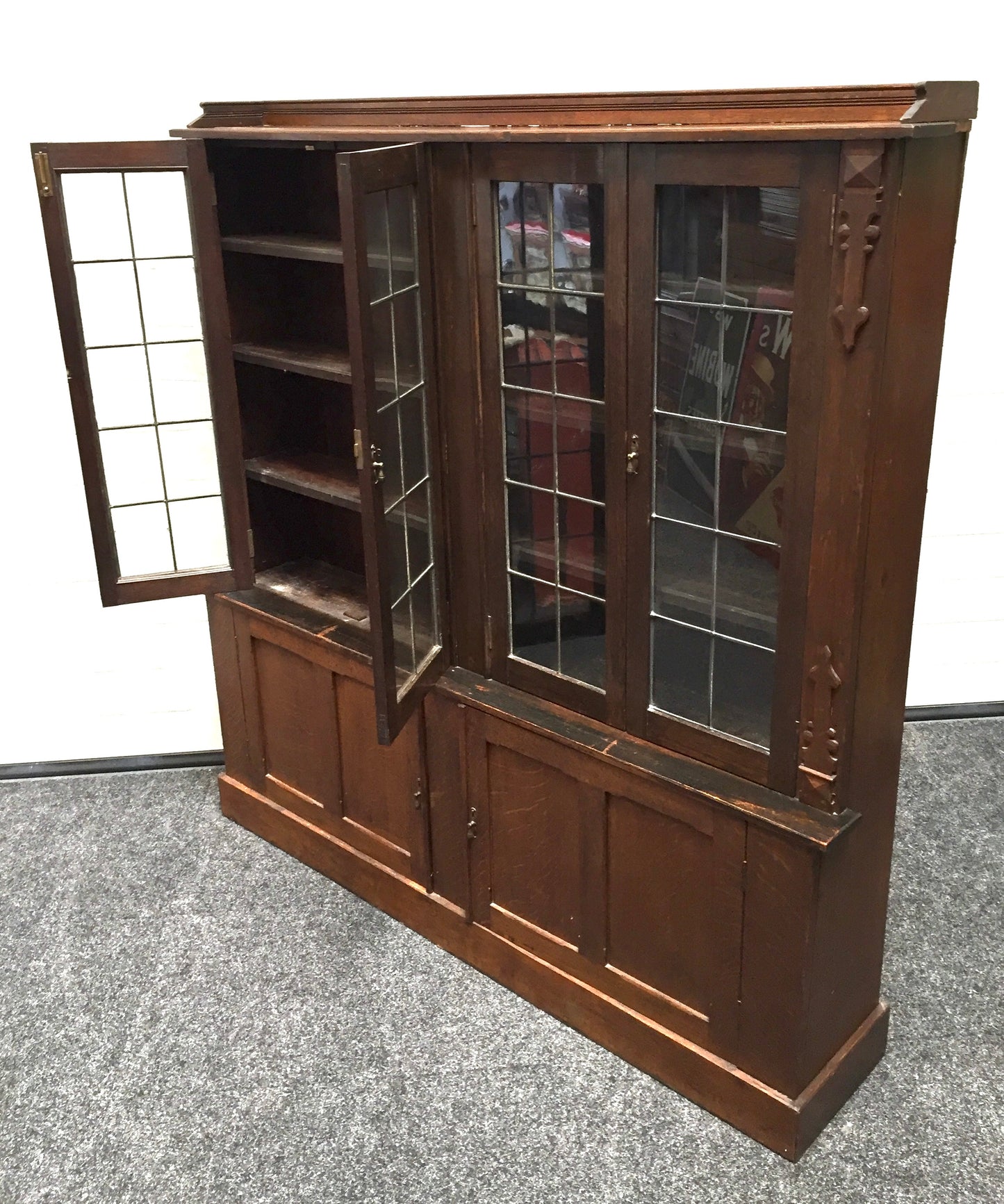 Antique 1900s Wooden Display Oak Large Bookcase Cabinet with Glazed Lead Doors
