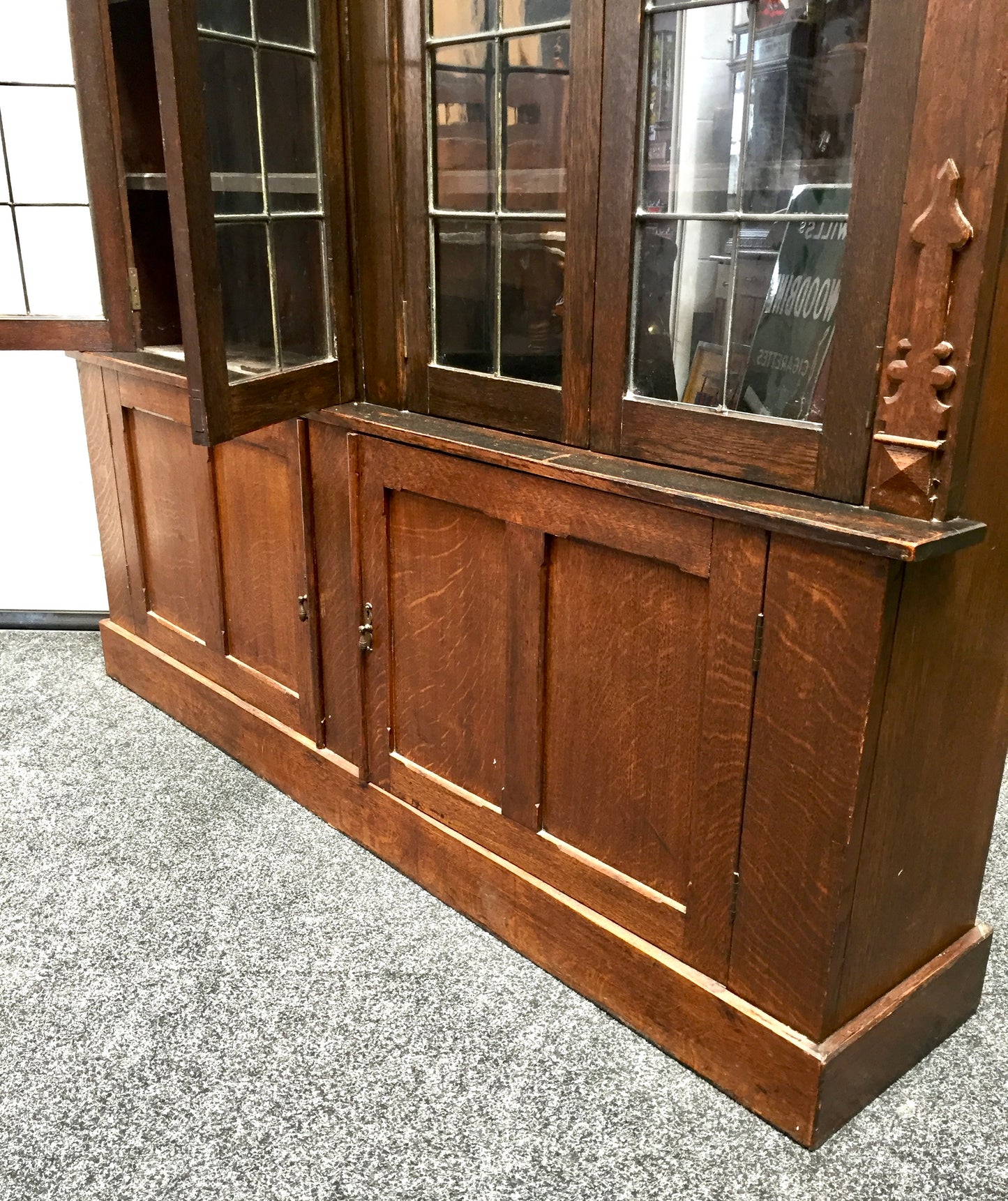 Antique 1900s Wooden Display Oak Large Bookcase Cabinet with Glazed Lead Doors