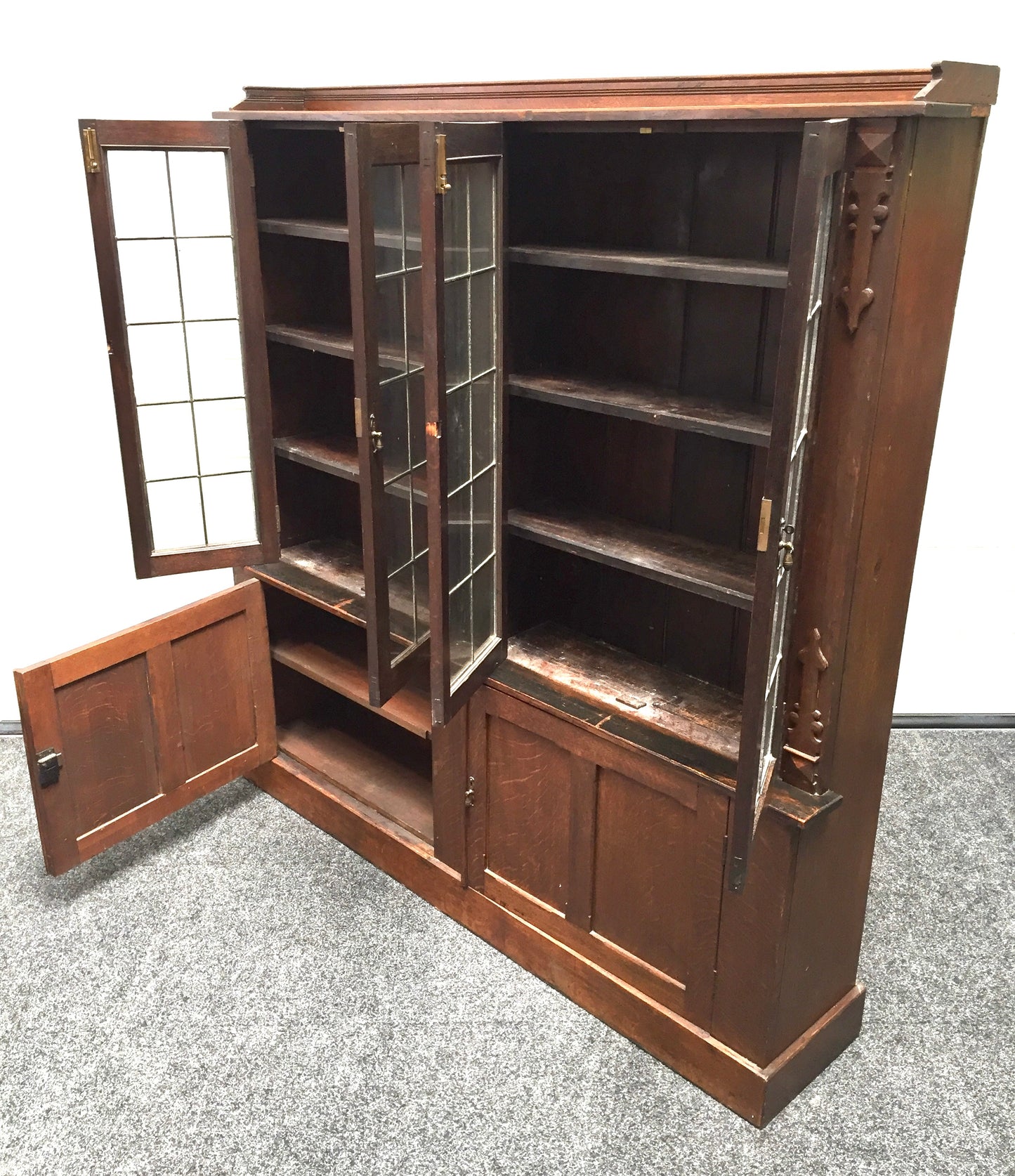 Antique 1900s Wooden Display Oak Large Bookcase Cabinet with Glazed Lead Doors