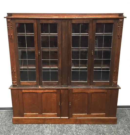 Antique 1900s Wooden Display Oak Large Bookcase Cabinet with Glazed Lead Doors