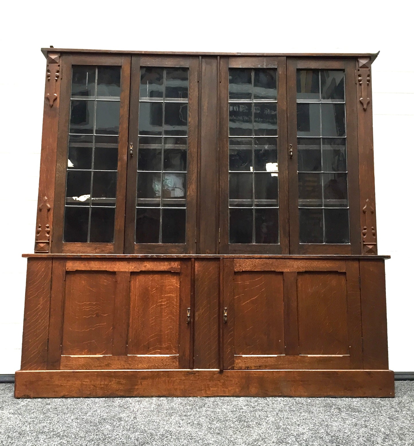 Antique 1900s Wooden Display Oak Large Bookcase Cabinet with Glazed Lead Doors