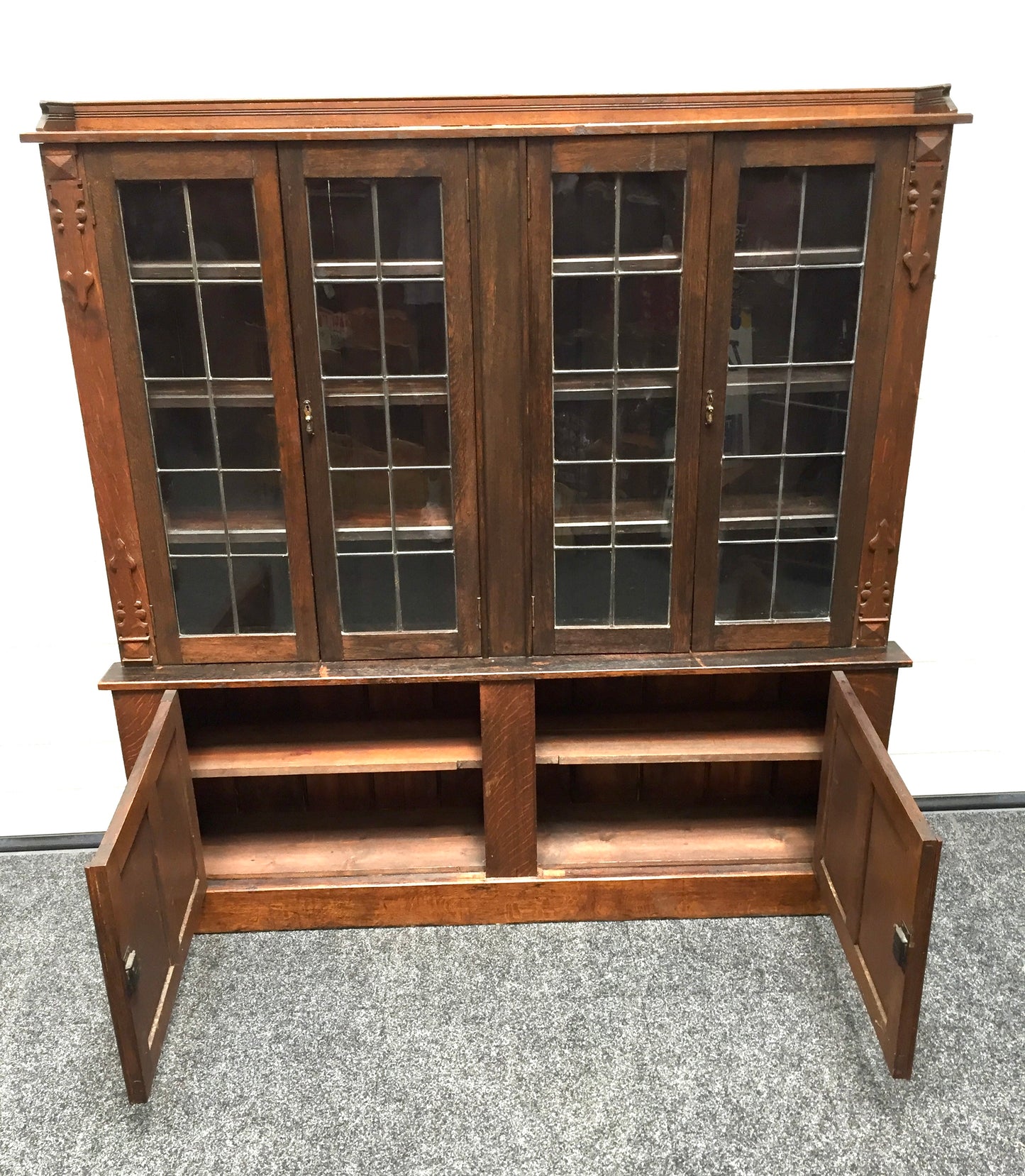Antique 1900s Wooden Display Oak Large Bookcase Cabinet with Glazed Lead Doors