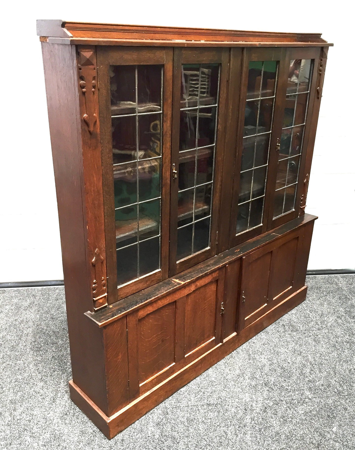 Antique 1900s Wooden Display Oak Large Bookcase Cabinet with Glazed Lead Doors
