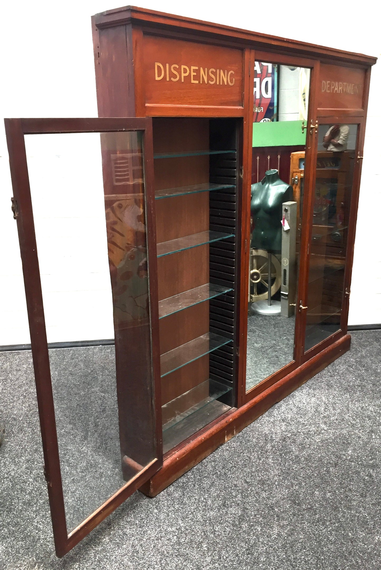 Antique Wooden & Glazed Large Apothecary Chemists Shop Dispensing Cabinet c.1930
