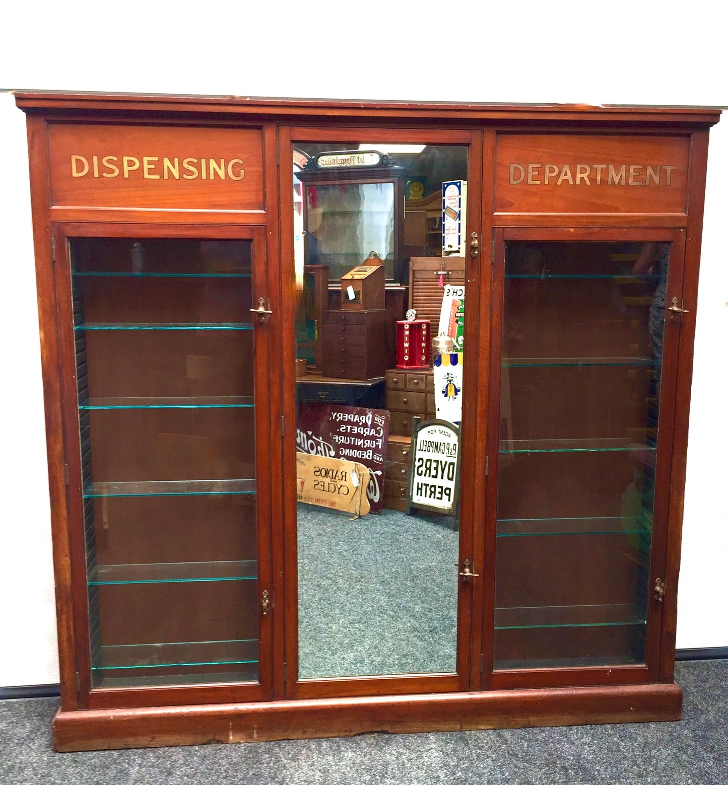 Antique Wooden & Glazed Large Apothecary Chemists Shop Dispensing Cabinet c.1930